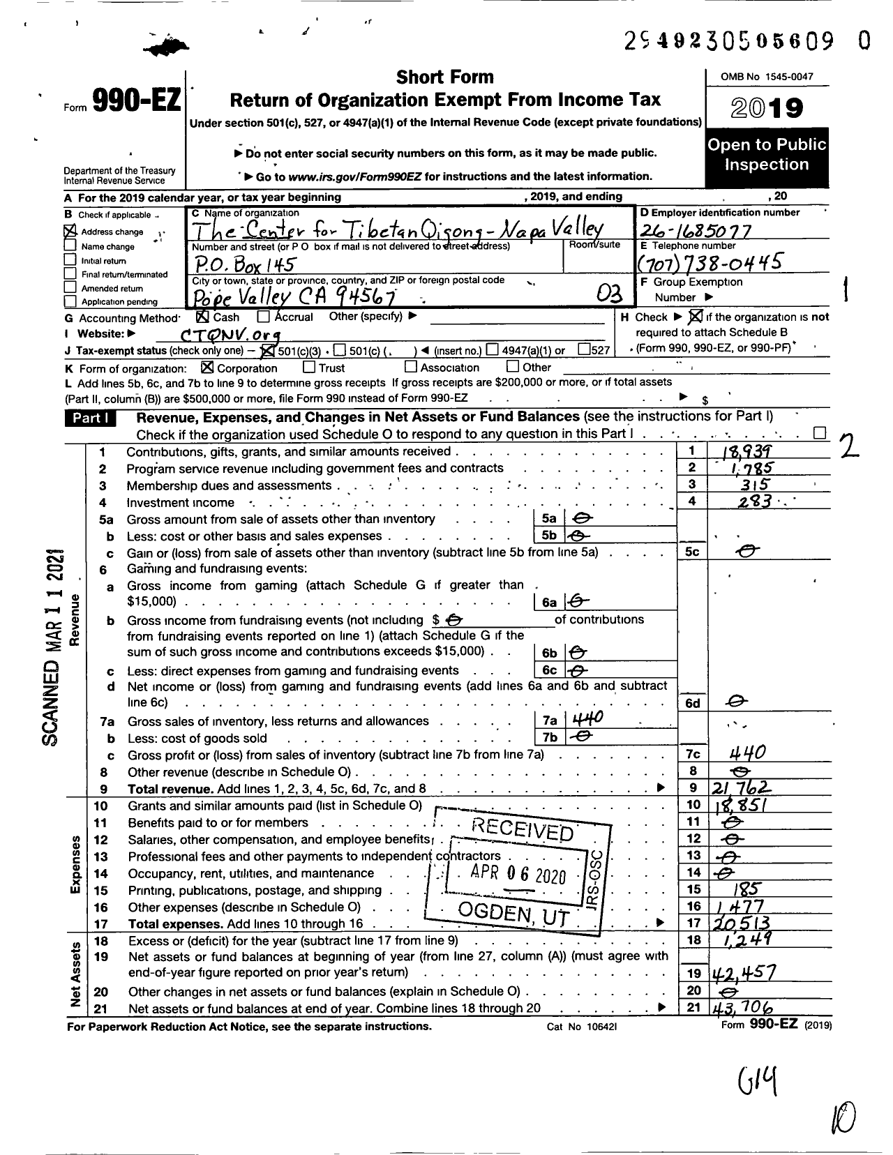 Image of first page of 2019 Form 990EZ for The Center for Tibetan Qigong