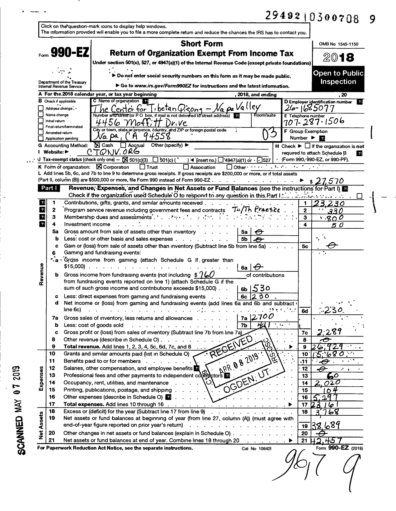 Image of first page of 2018 Form 990EZ for The Center for Tibetan Qigong