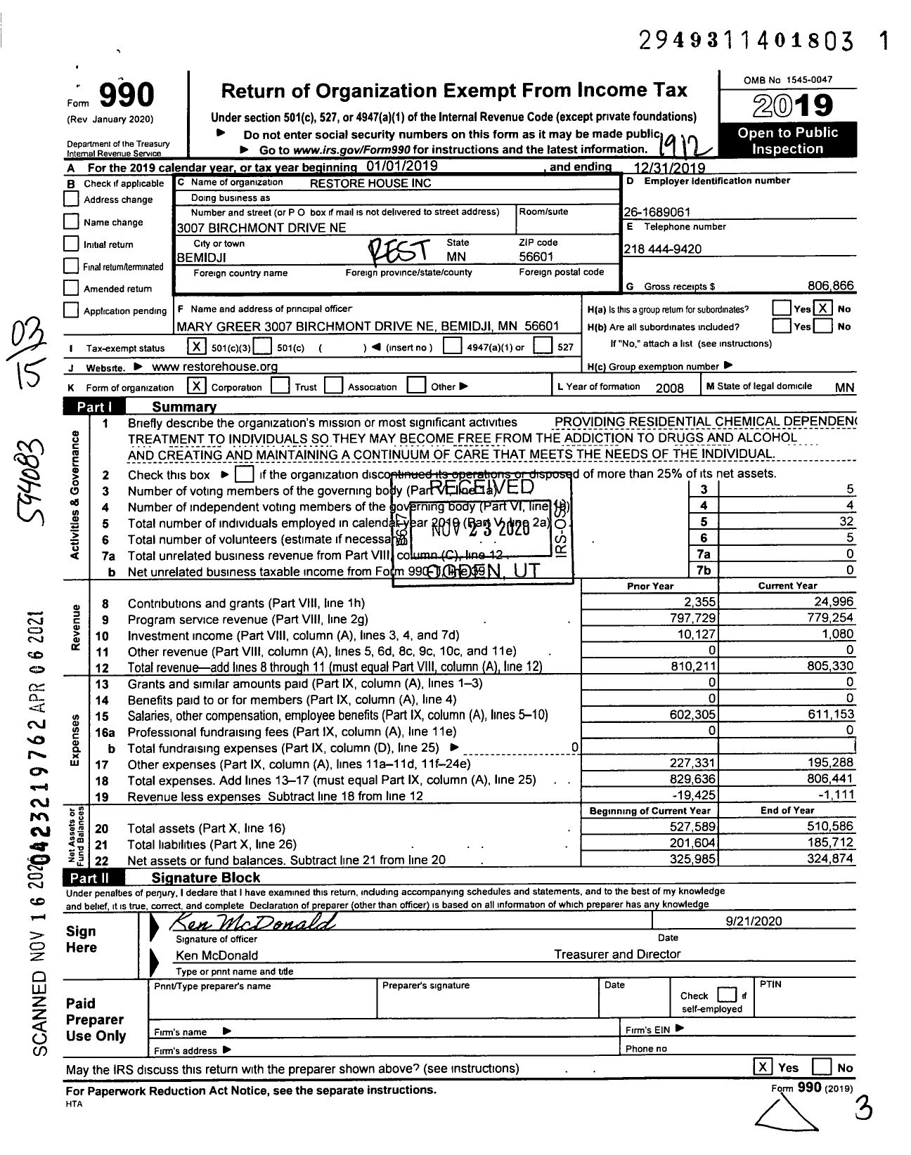 Image of first page of 2019 Form 990 for Restore House