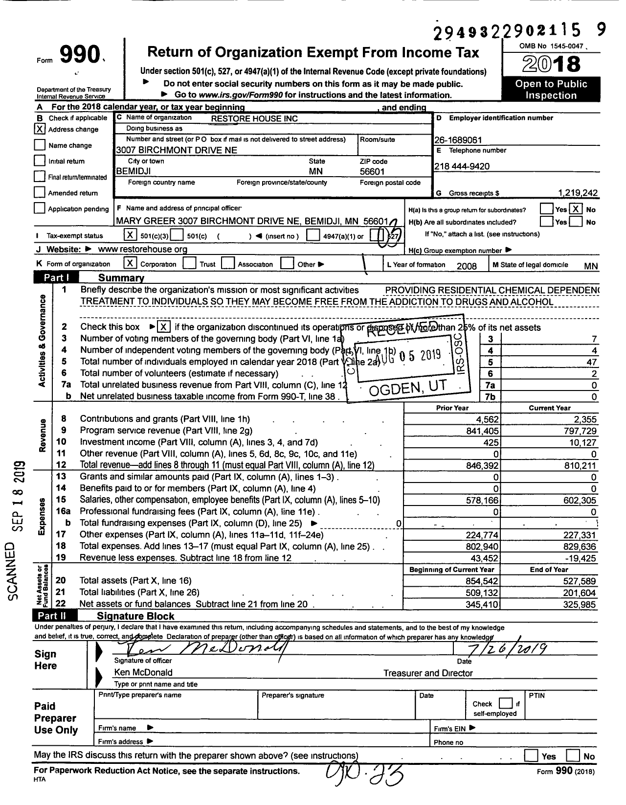 Image of first page of 2018 Form 990 for Restore House