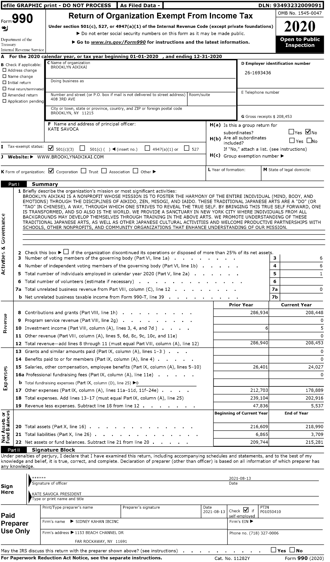 Image of first page of 2020 Form 990 for Brooklyn Aikikai