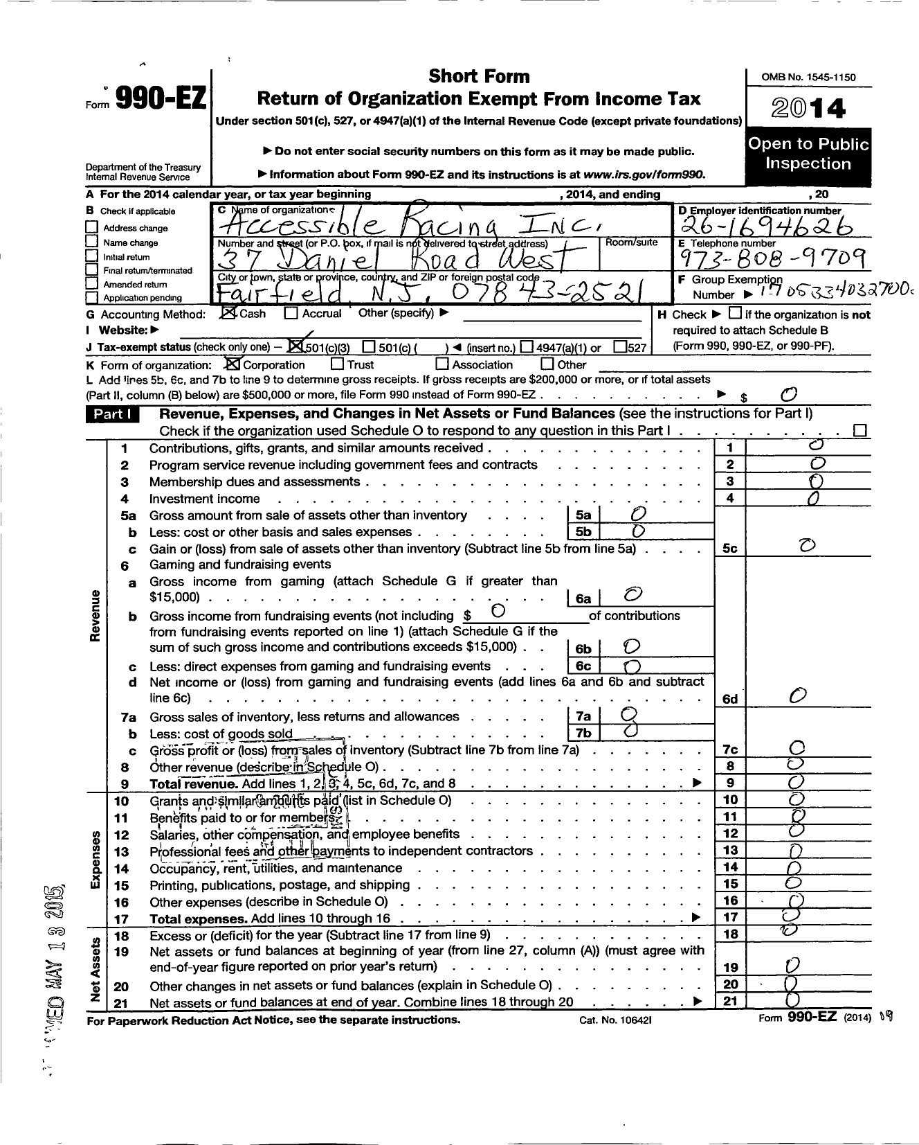 Image of first page of 2014 Form 990EZ for Adaptive Driving Experience