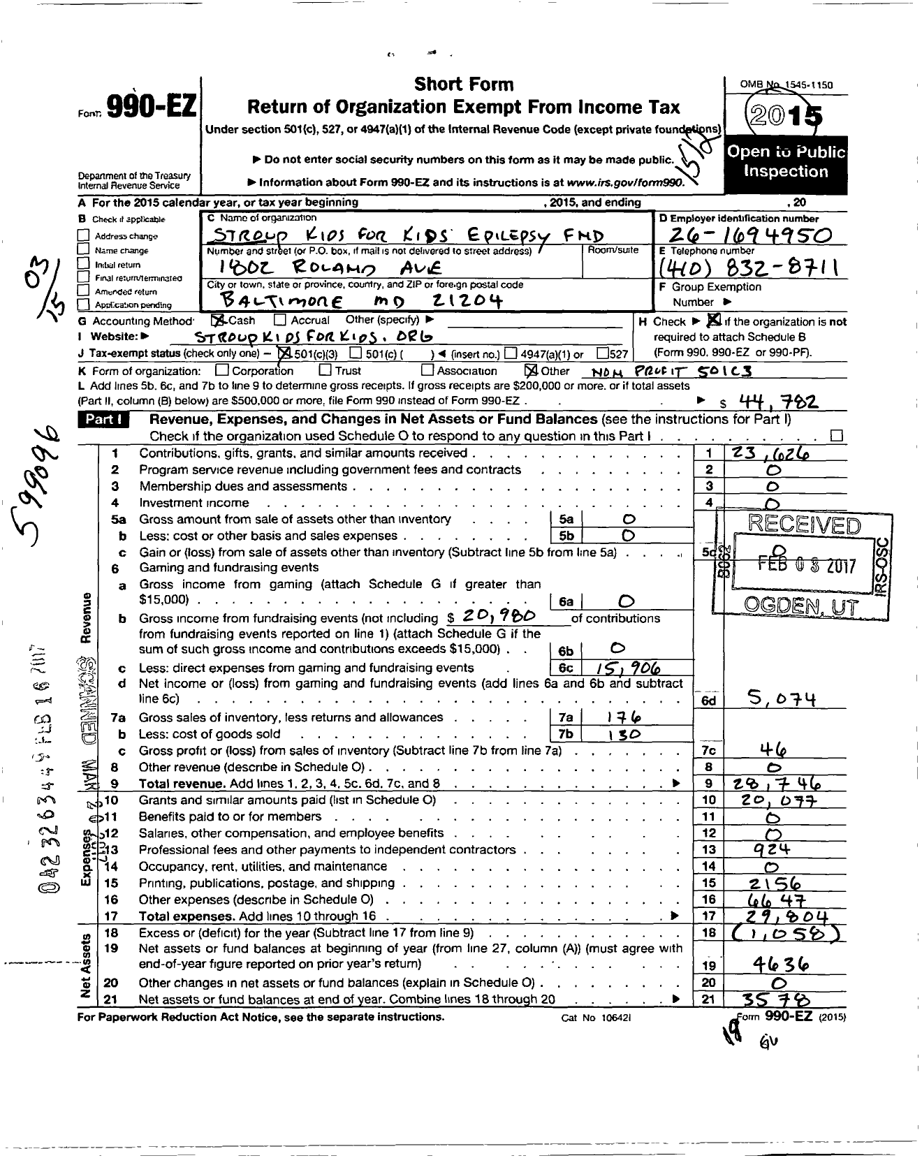 Image of first page of 2015 Form 990EZ for Stroup Kids for Kids Epilepsy Foundation