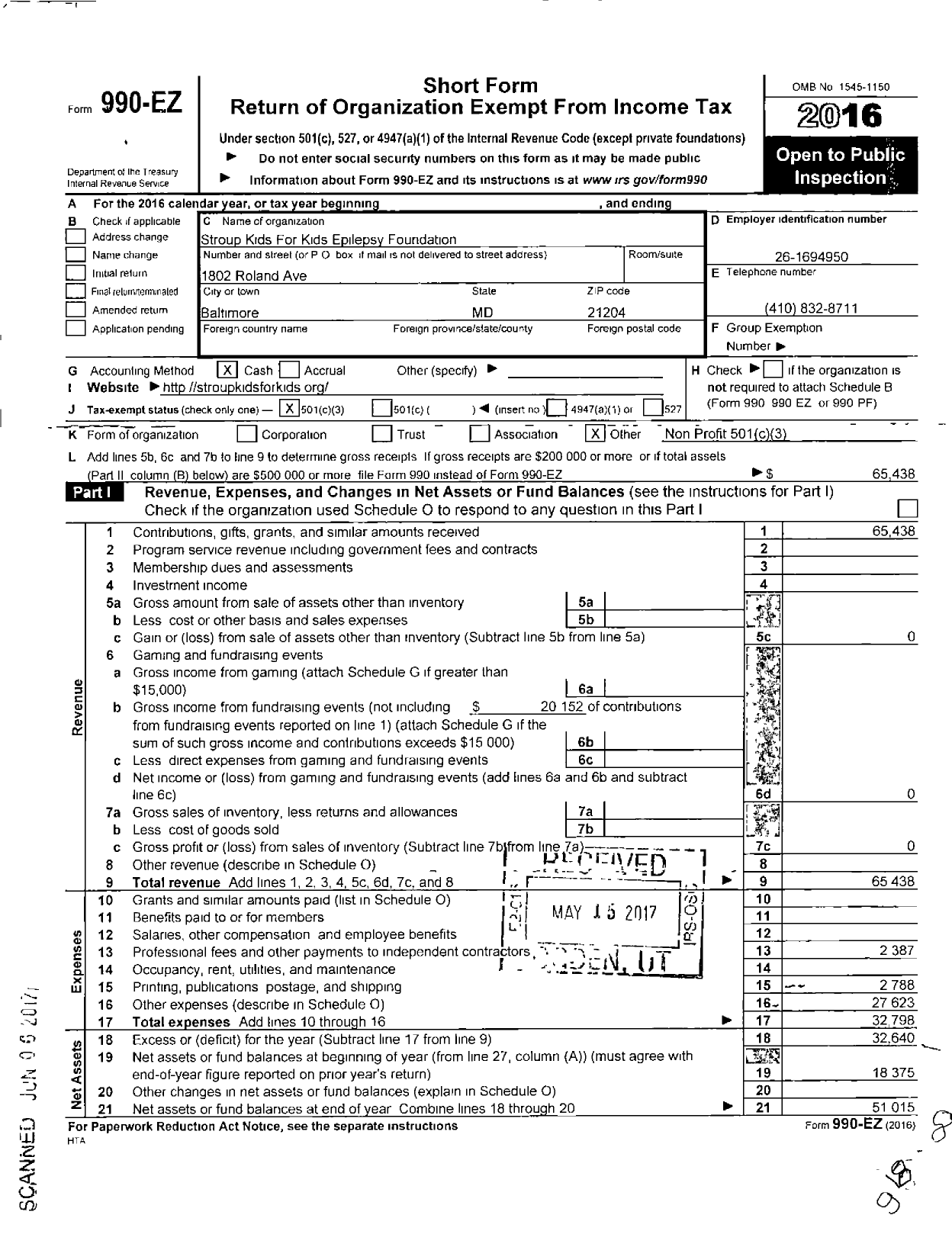 Image of first page of 2016 Form 990EZ for Stroup Kids for Kids Epilepsy Foundation