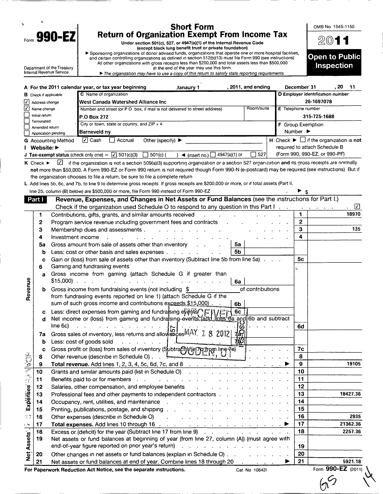 Image of first page of 2011 Form 990EZ for West Canada Watershed Alliance