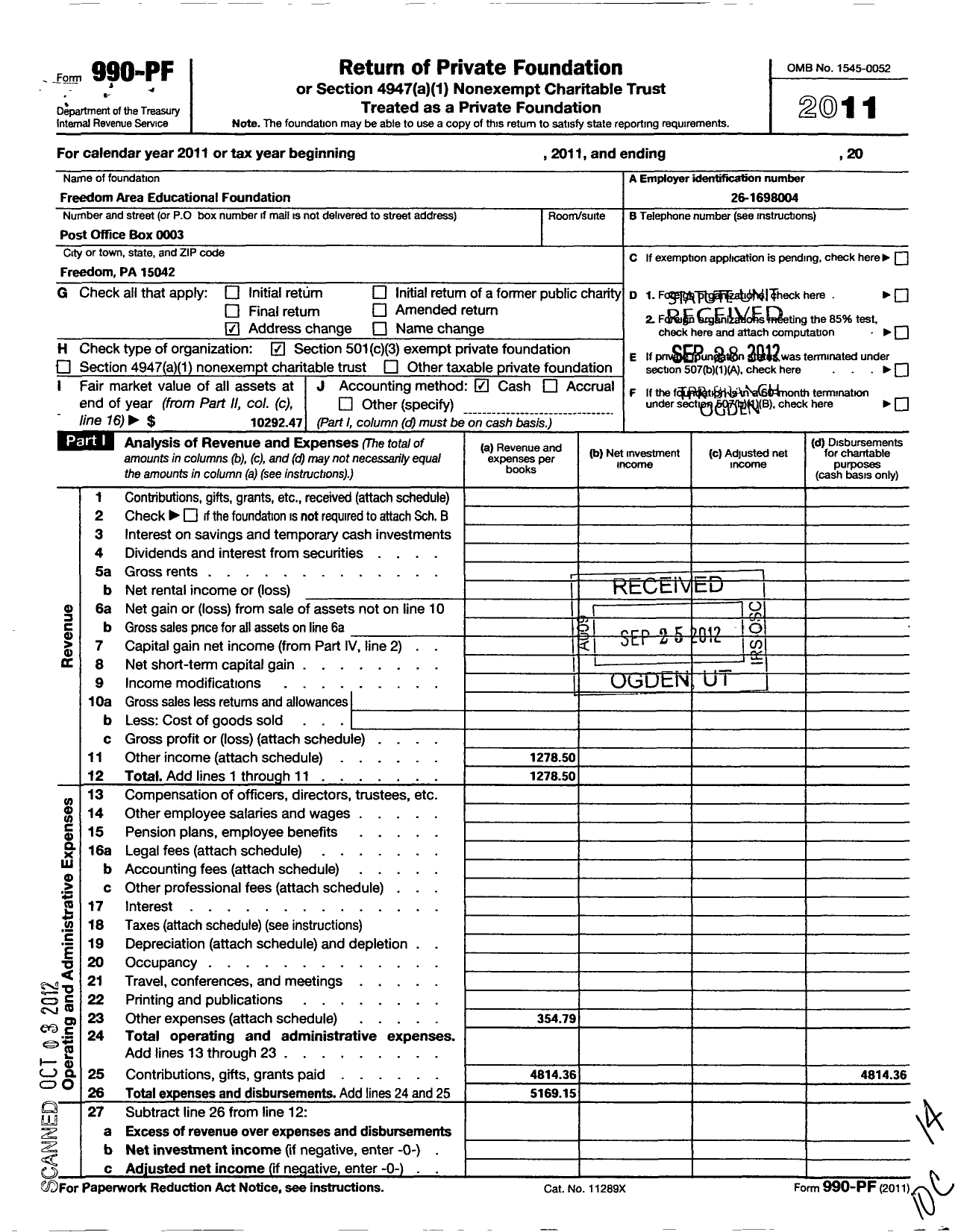 Image of first page of 2011 Form 990PF for Freedom Area Educational Foundation