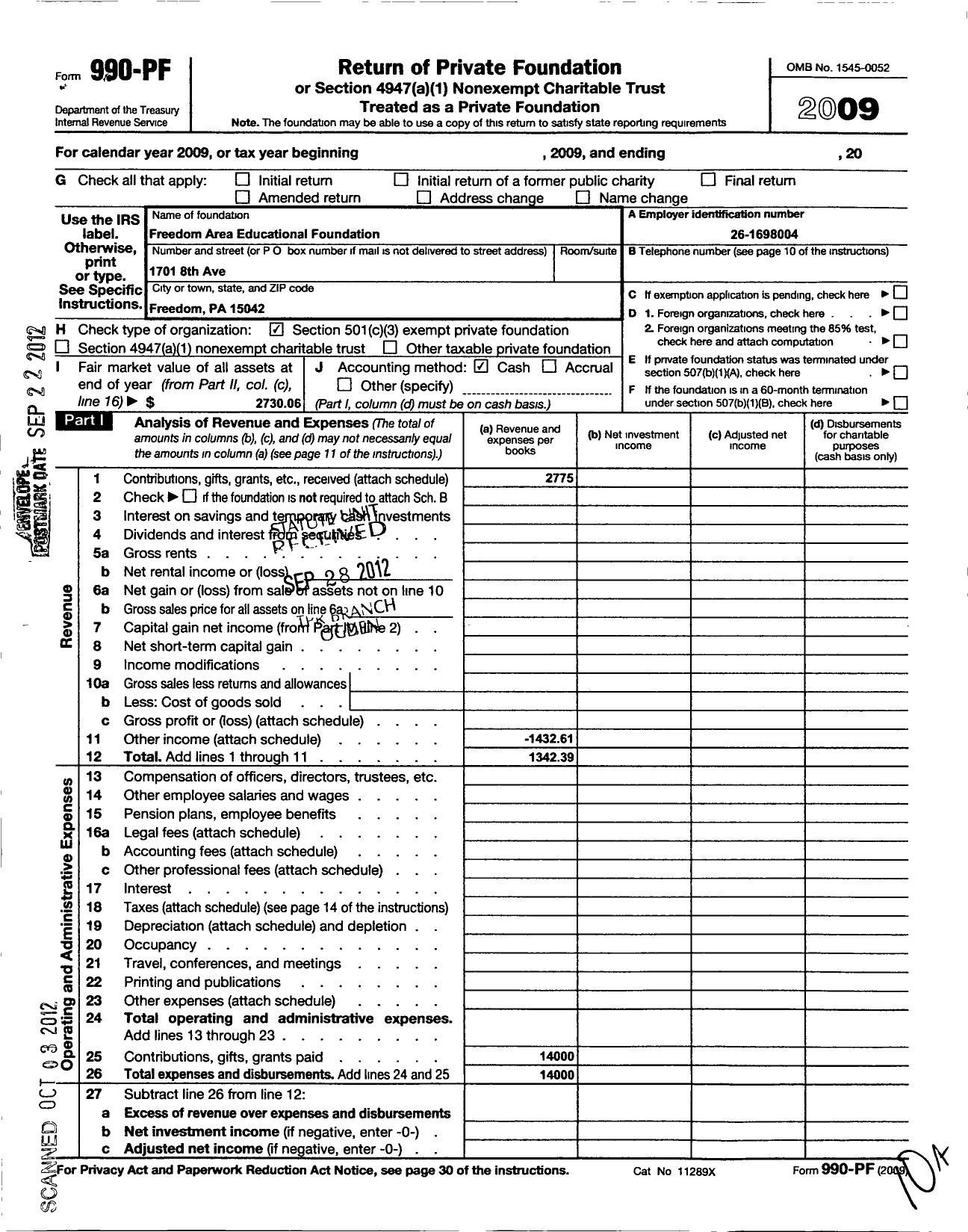 Image of first page of 2009 Form 990PF for Freedom Area Educational Foundation