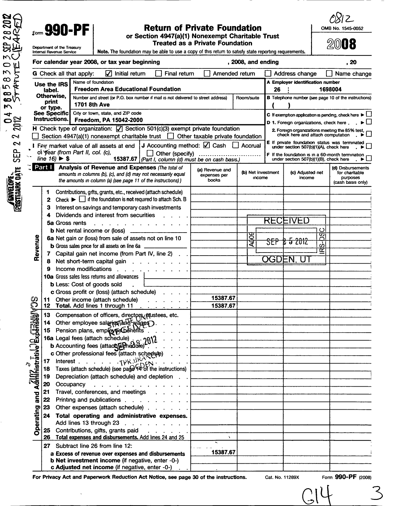 Image of first page of 2008 Form 990PF for Freedom Area Educational Foundation