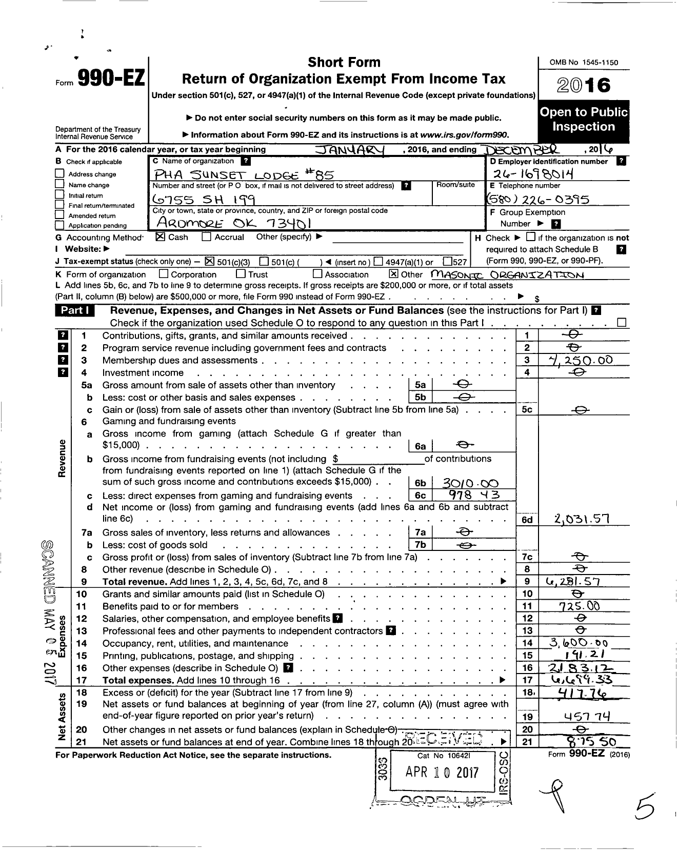 Image of first page of 2016 Form 990EZ for Sunset Lodge 85