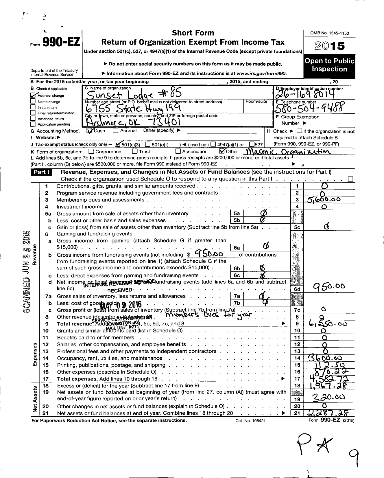 Image of first page of 2015 Form 990EZ for Sunset Lodge 85