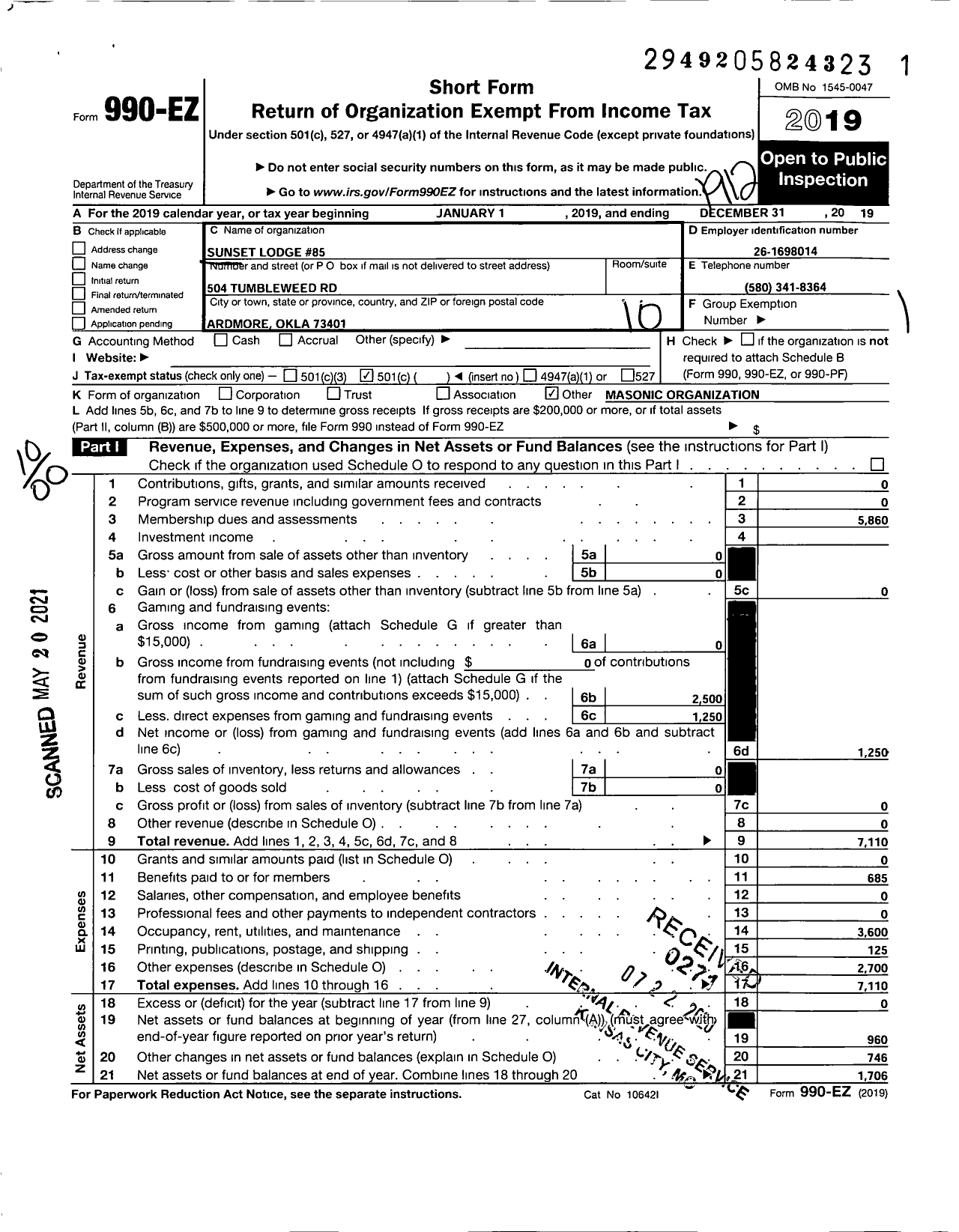 Image of first page of 2019 Form 990EO for Sunset Lodge 85