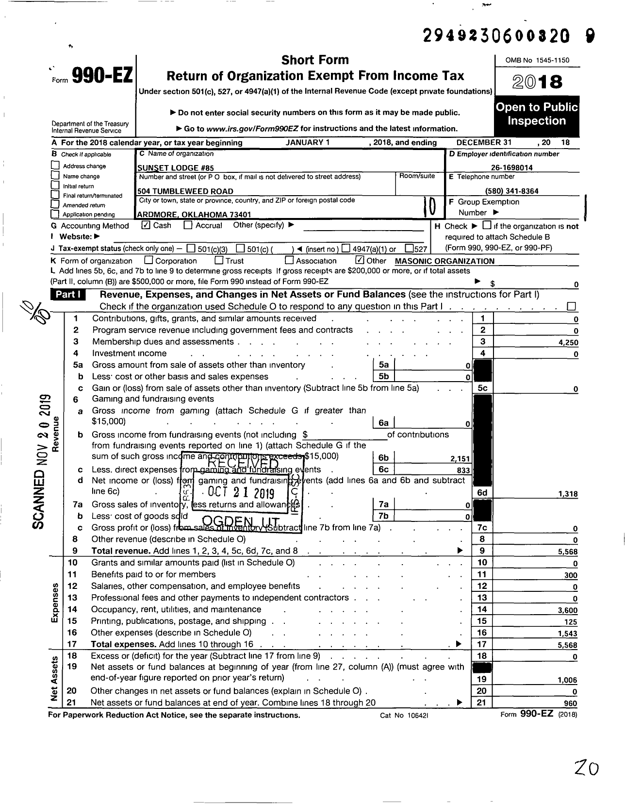 Image of first page of 2018 Form 990EO for Sunset Lodge 85