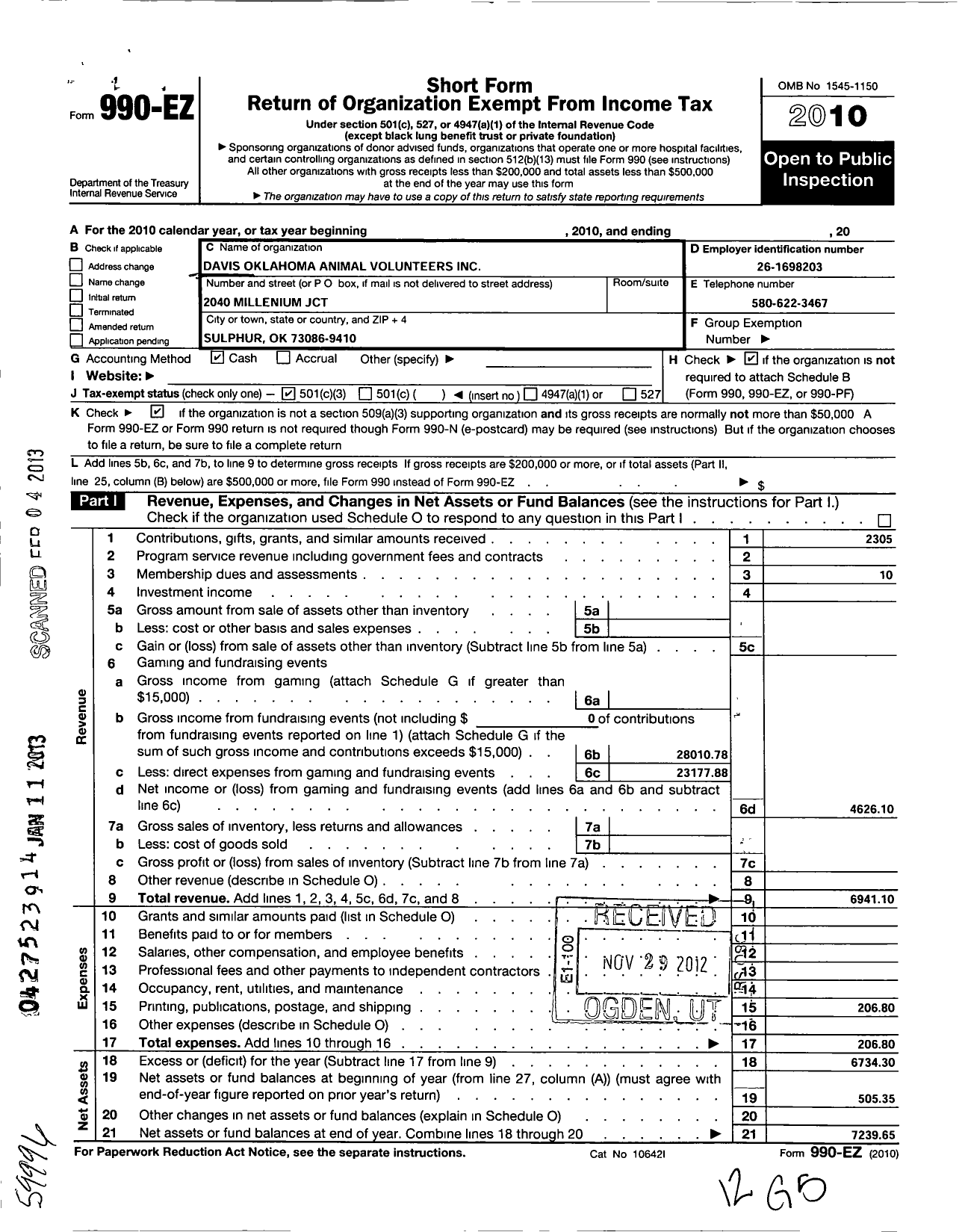 Image of first page of 2010 Form 990EZ for Davis Oklahoma Animals Volunteers