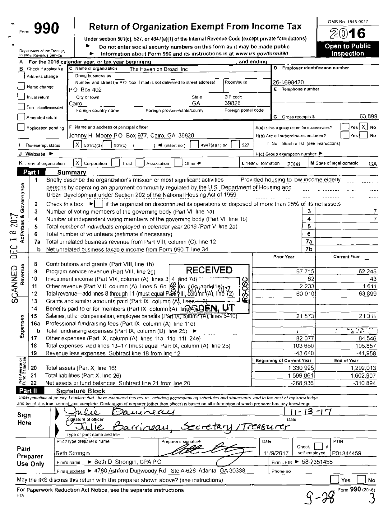 Image of first page of 2016 Form 990 for The Haven on Broad