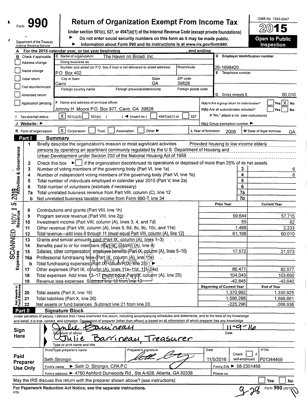 Image of first page of 2015 Form 990 for The Haven on Broad