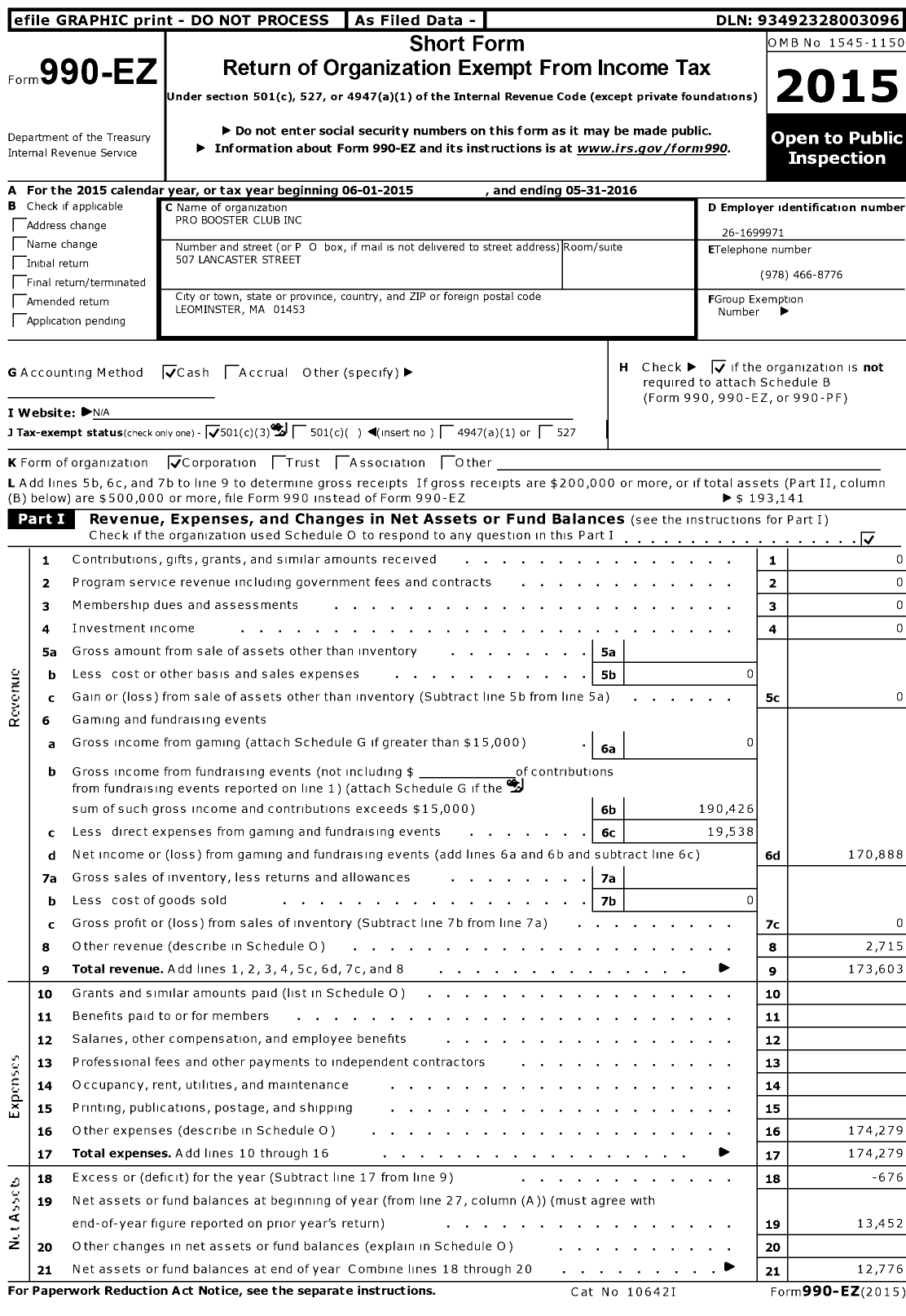 Image of first page of 2015 Form 990EZ for Pro Booster Club