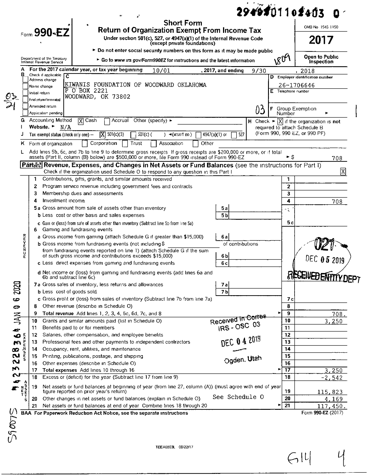 Image of first page of 2017 Form 990EZ for Kiwanis Foundation of Woodward Oklahoma