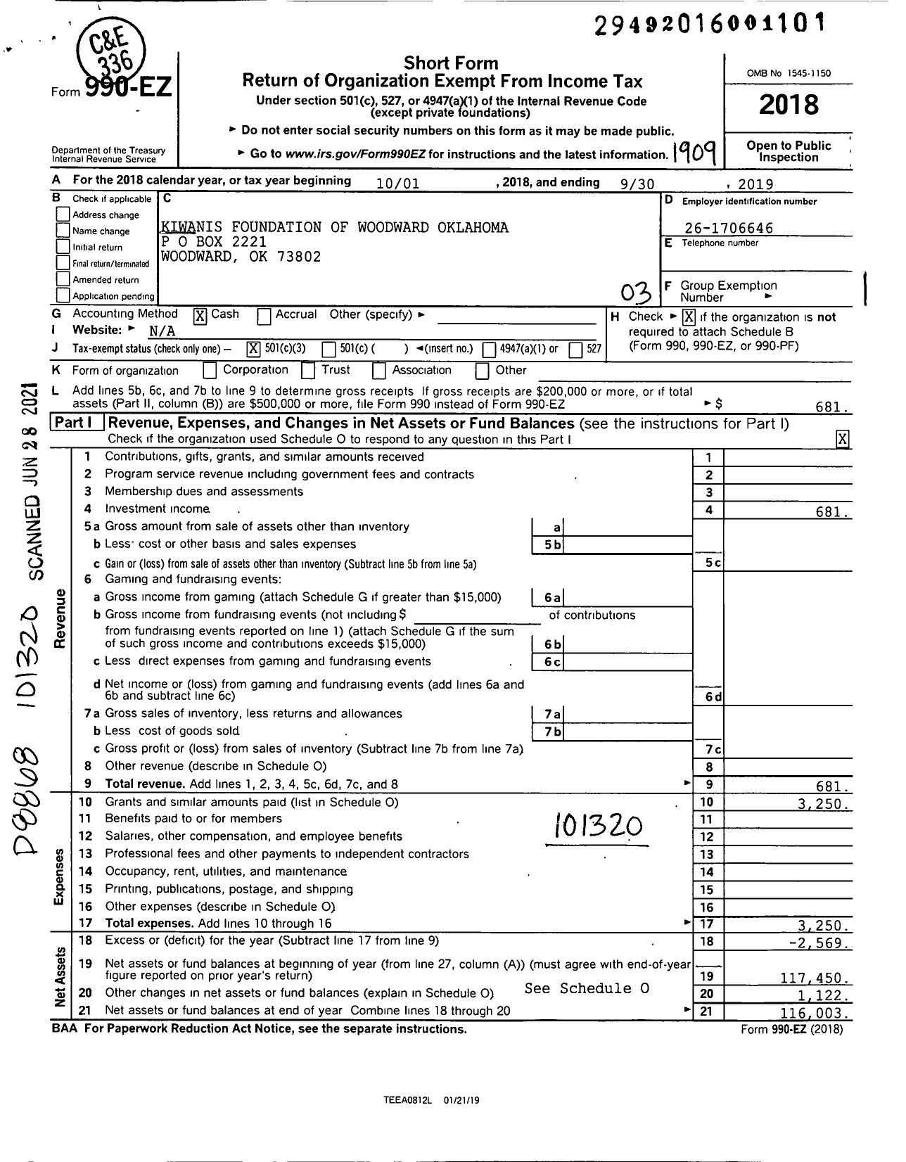 Image of first page of 2018 Form 990EZ for Kiwanis Foundation of Woodward Oklahoma