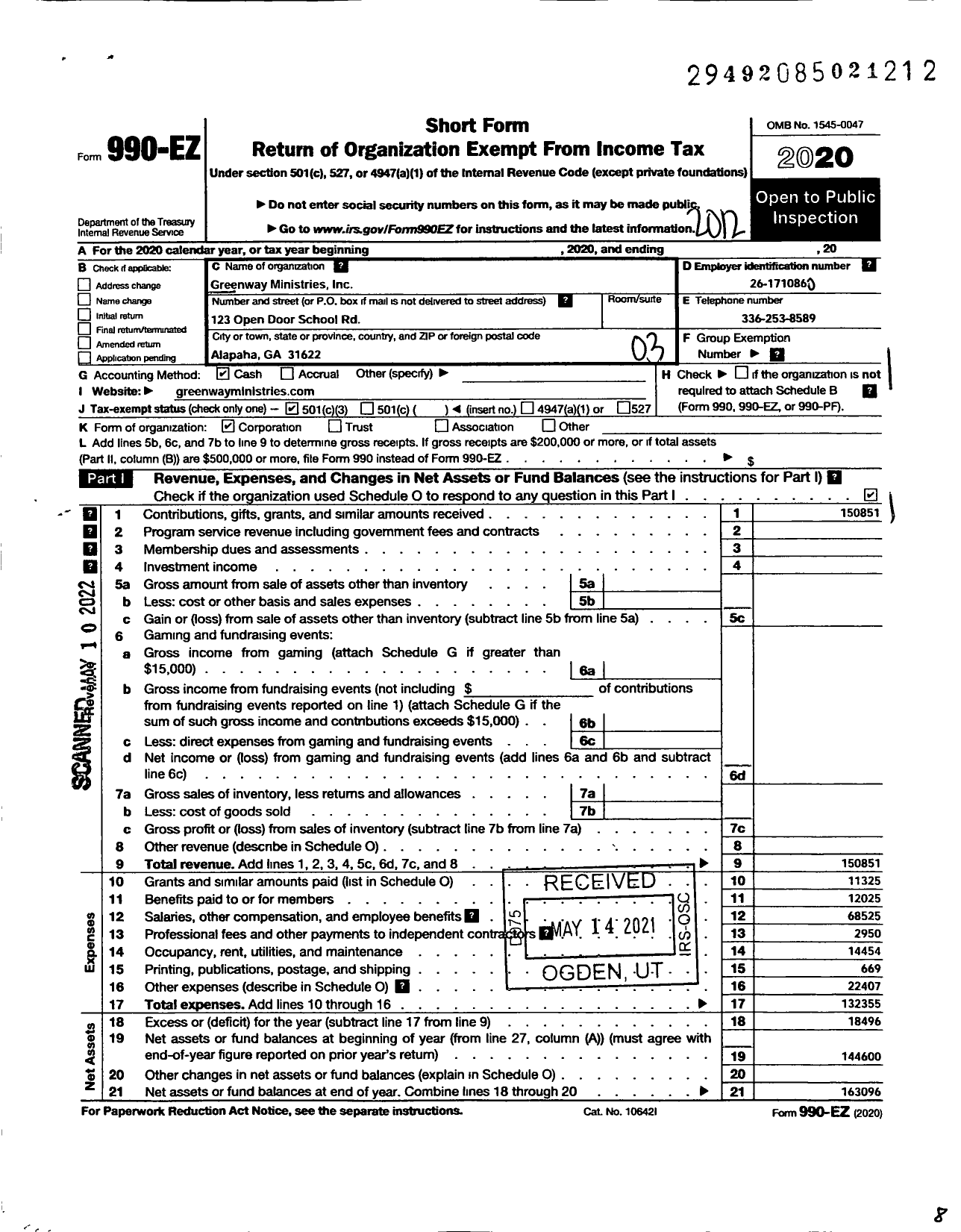 Image of first page of 2020 Form 990EZ for Greenway Ministries