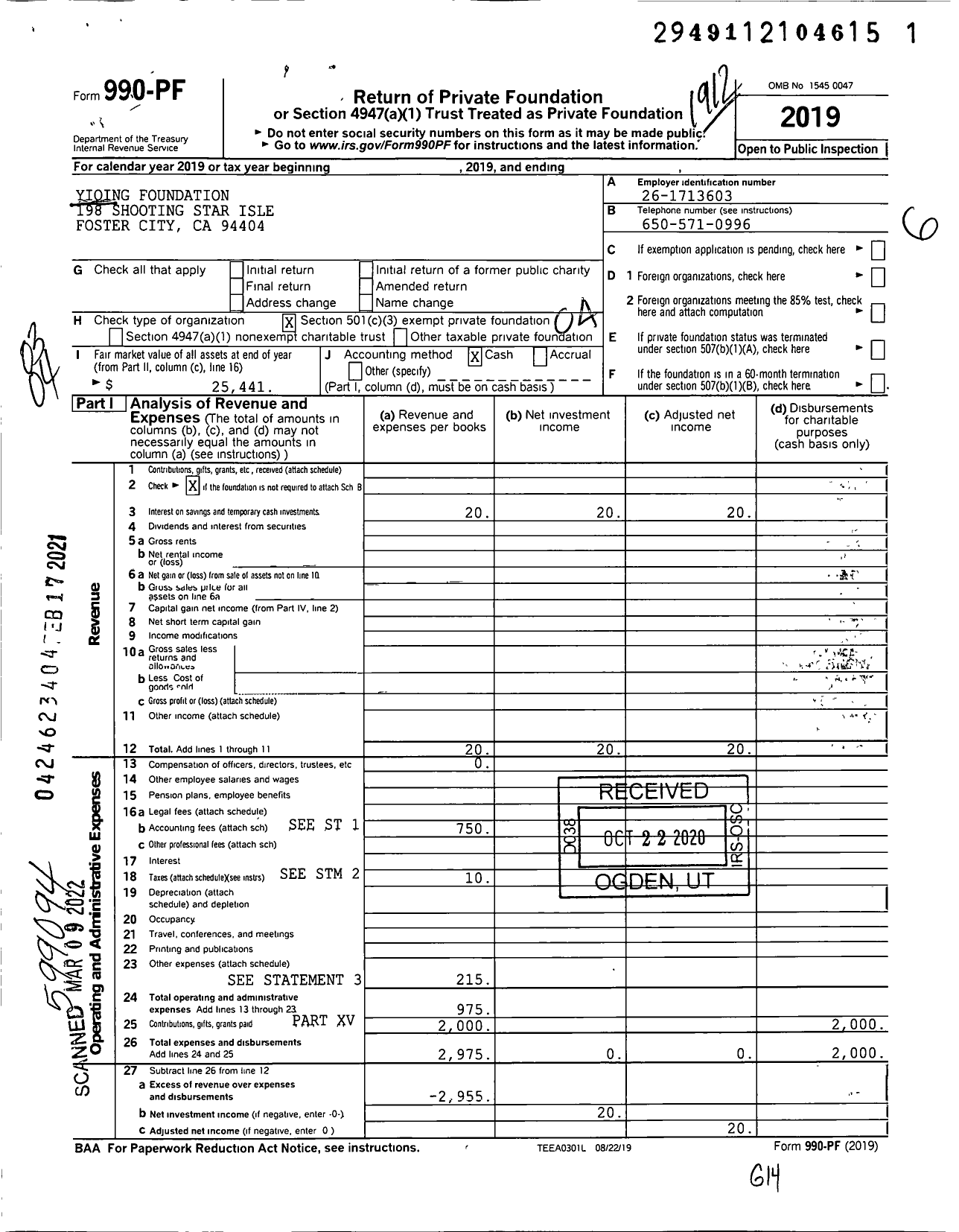 Image of first page of 2019 Form 990PF for Yiqing Foundation