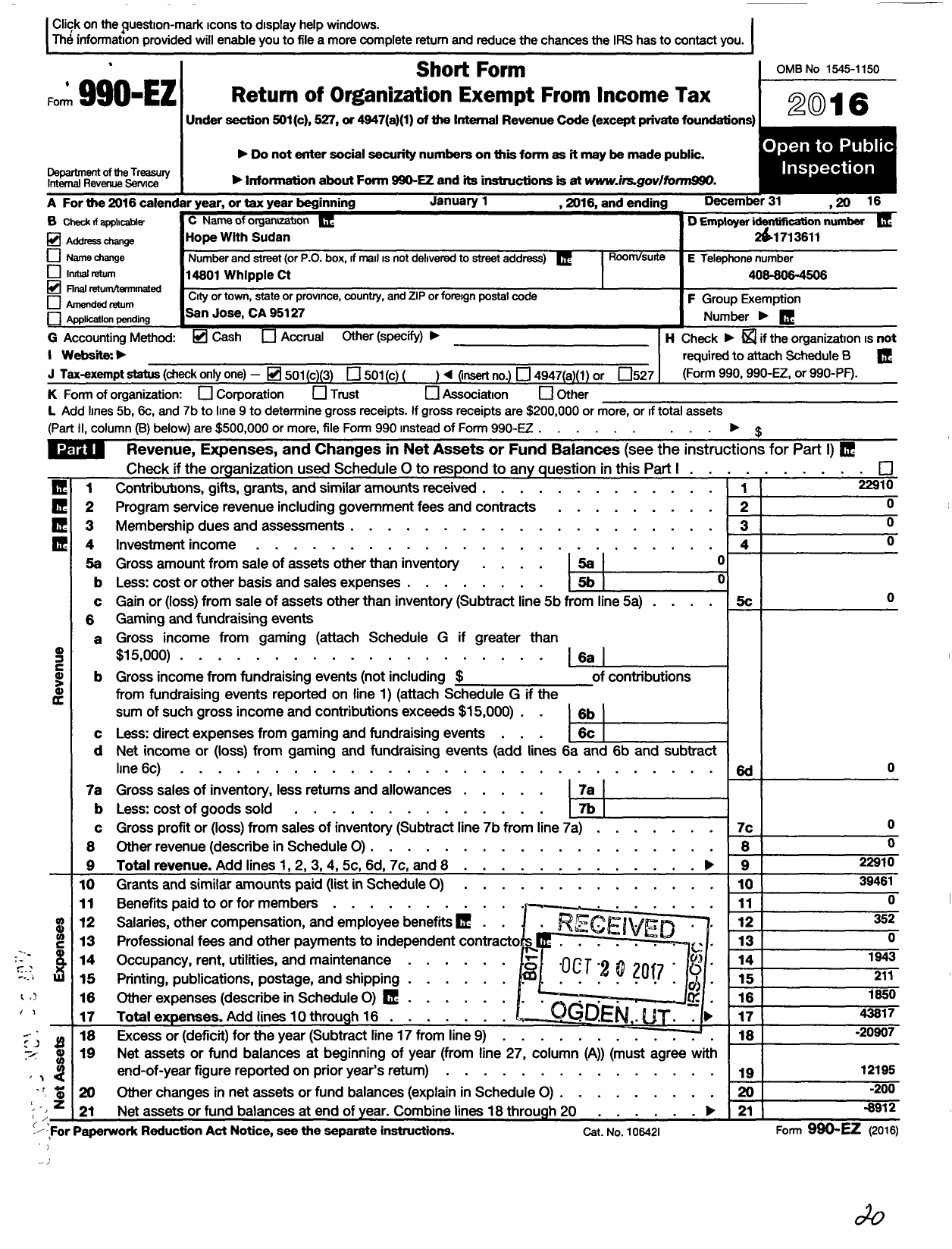 Image of first page of 2016 Form 990EZ for Hope with Sudan