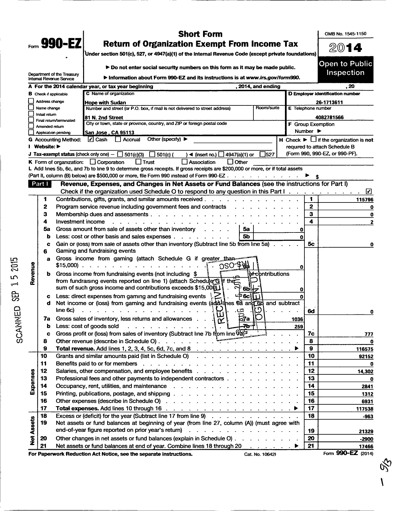 Image of first page of 2014 Form 990EO for Hope with Sudan