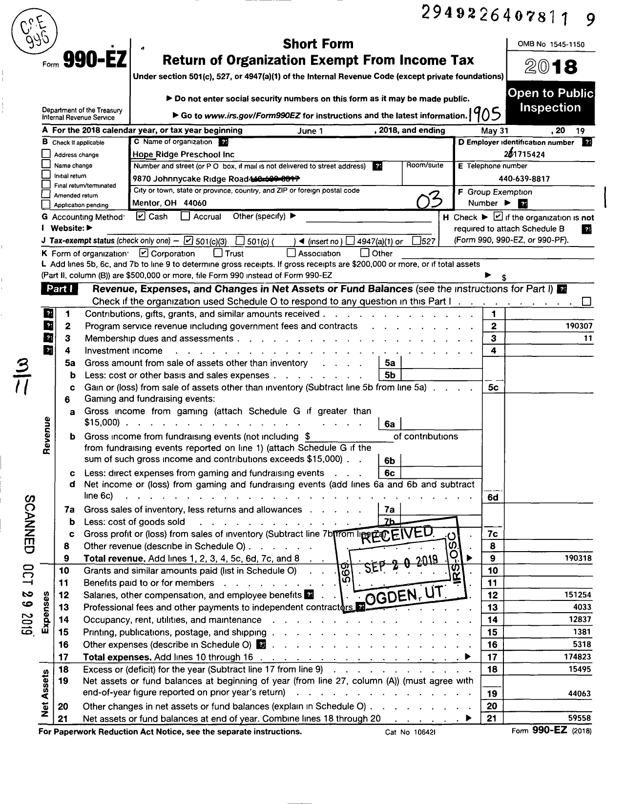 Image of first page of 2018 Form 990EZ for Hope Ridge Preschool