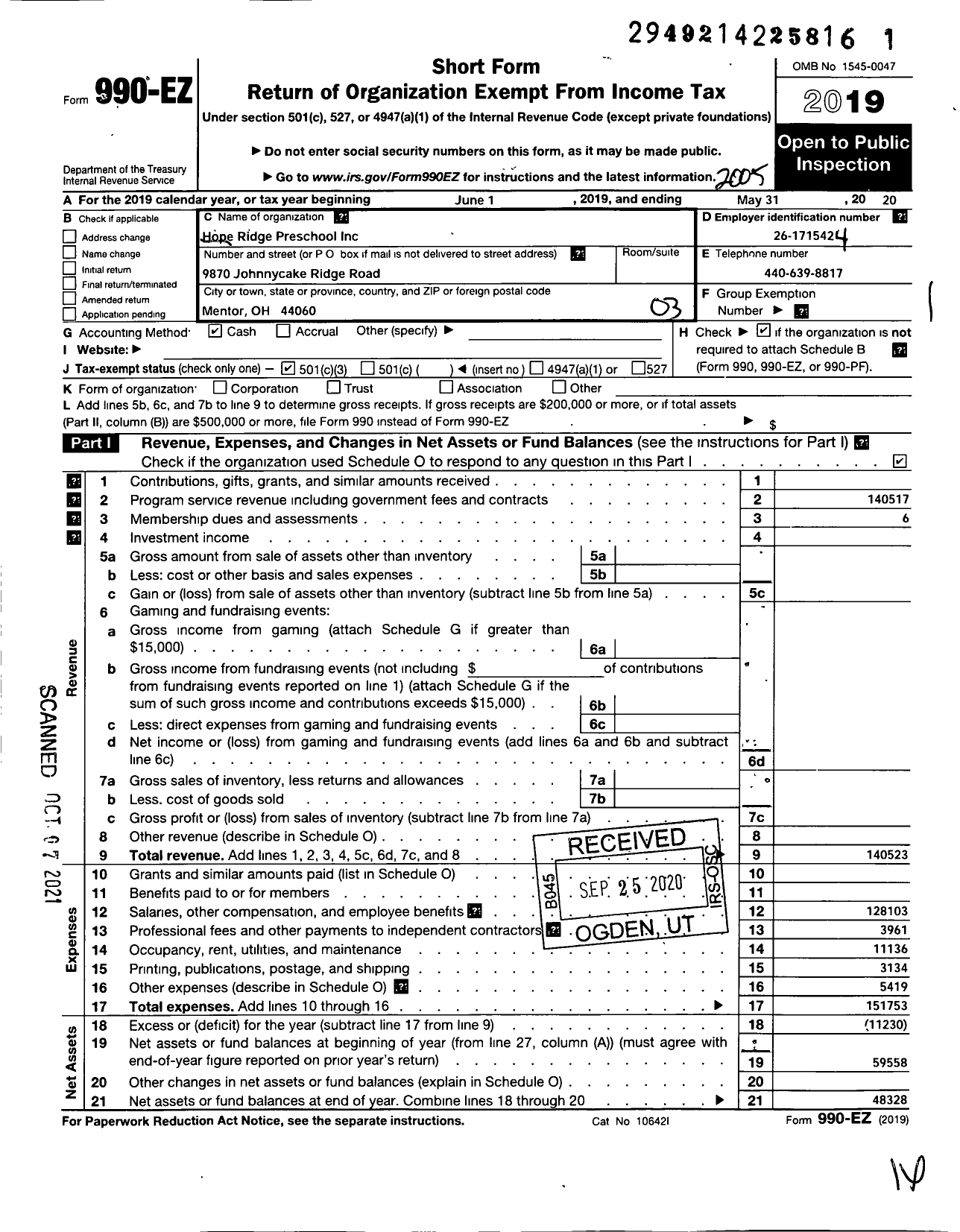 Image of first page of 2019 Form 990EZ for Hope Ridge Preschool