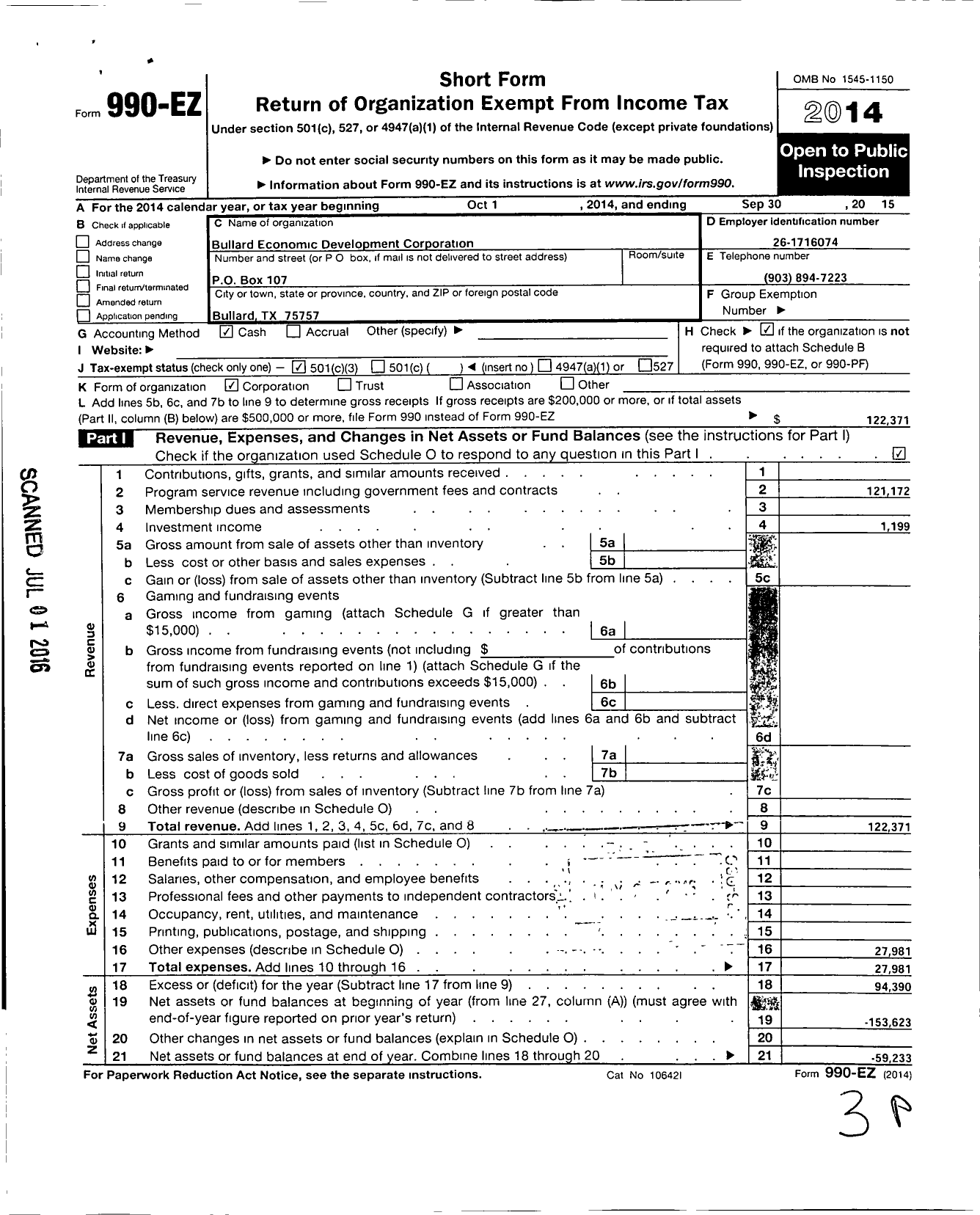 Image of first page of 2014 Form 990EZ for Bullard Economic Development Corporation