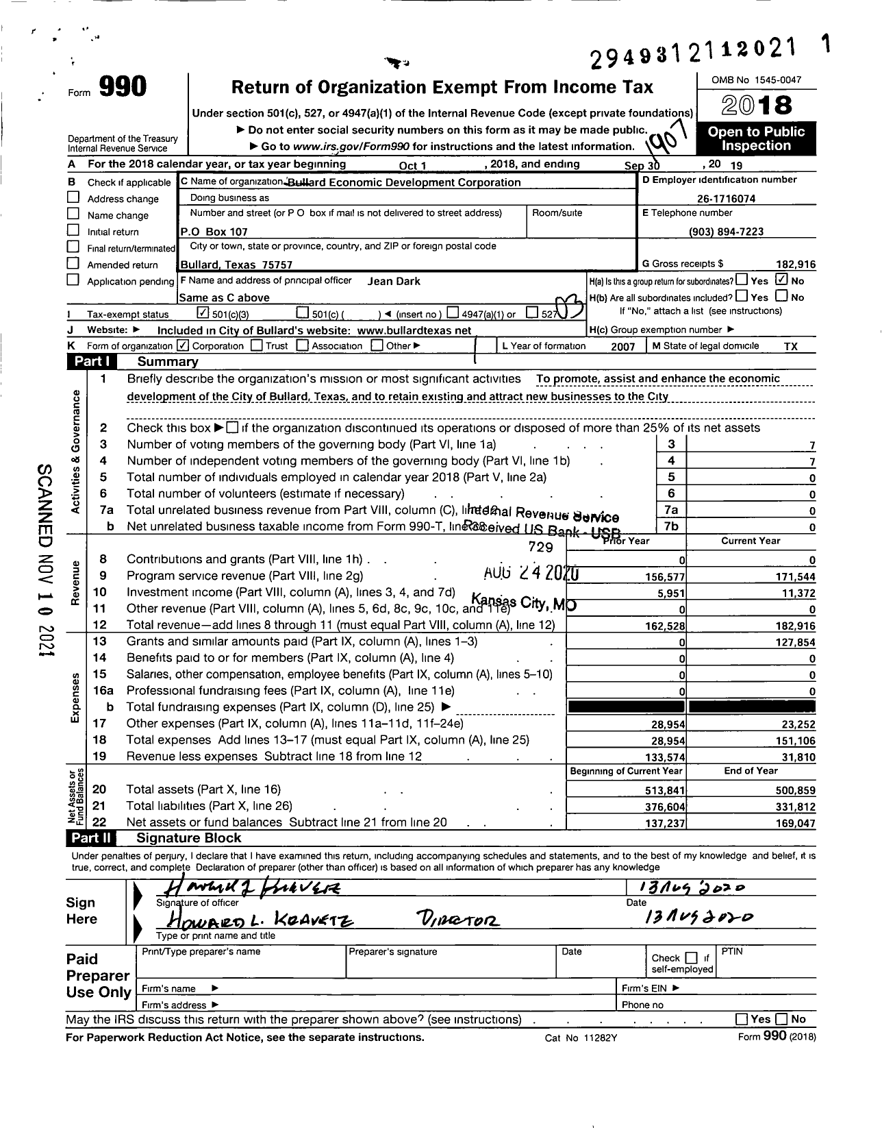 Image of first page of 2018 Form 990 for Bullard Economic Development Corporation