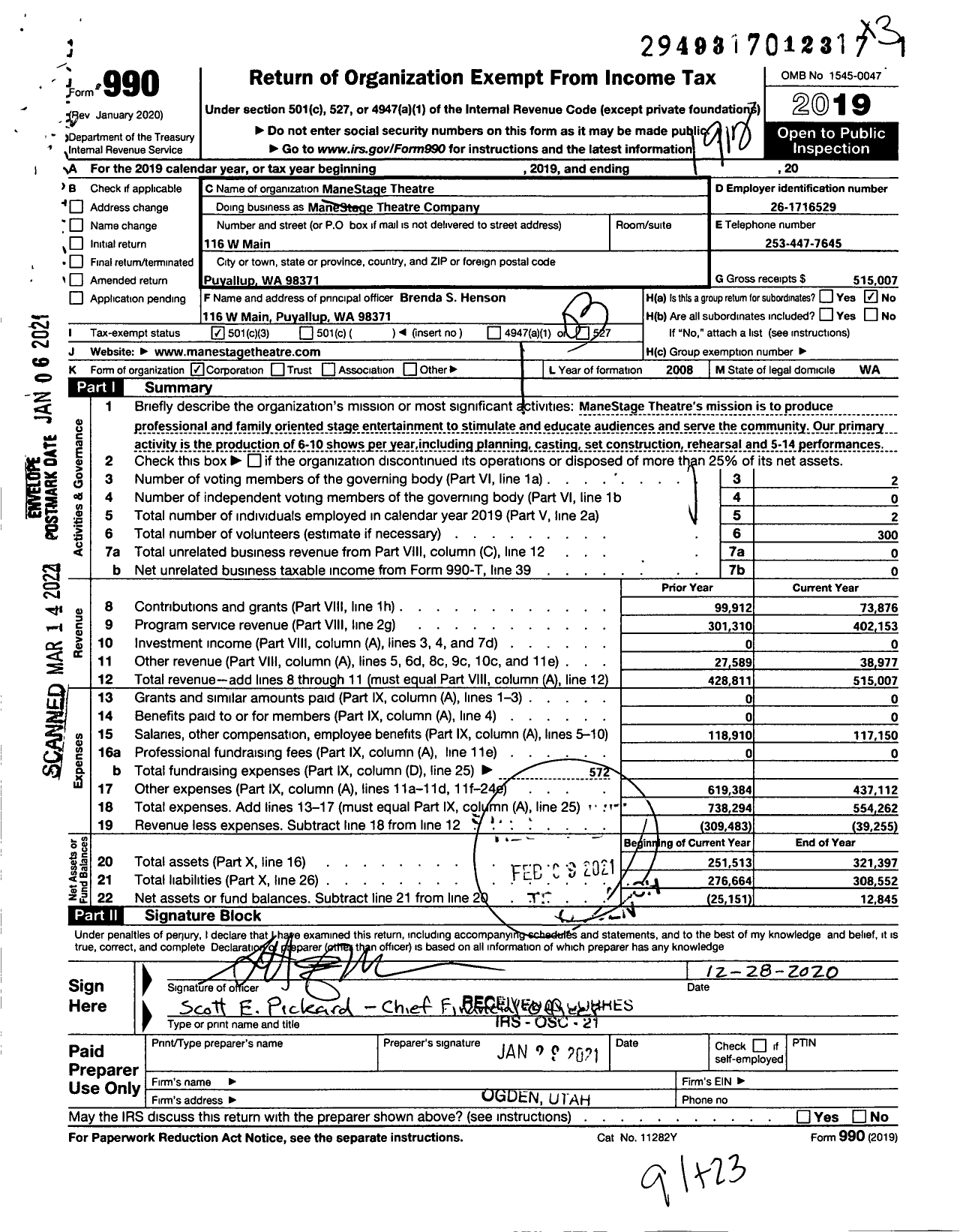 Image of first page of 2019 Form 990 for Manestage Theatre