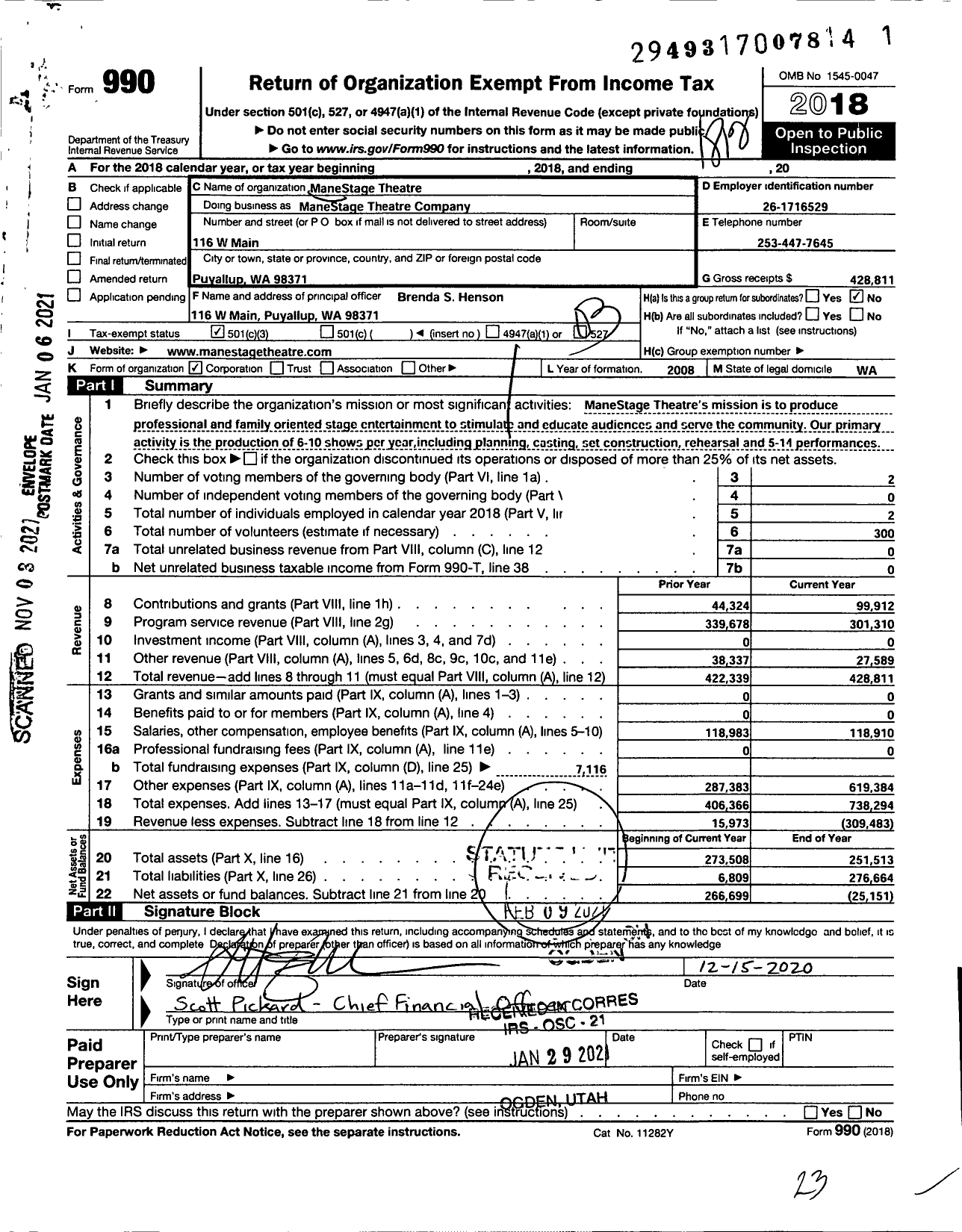 Image of first page of 2018 Form 990 for Manestage Theatre