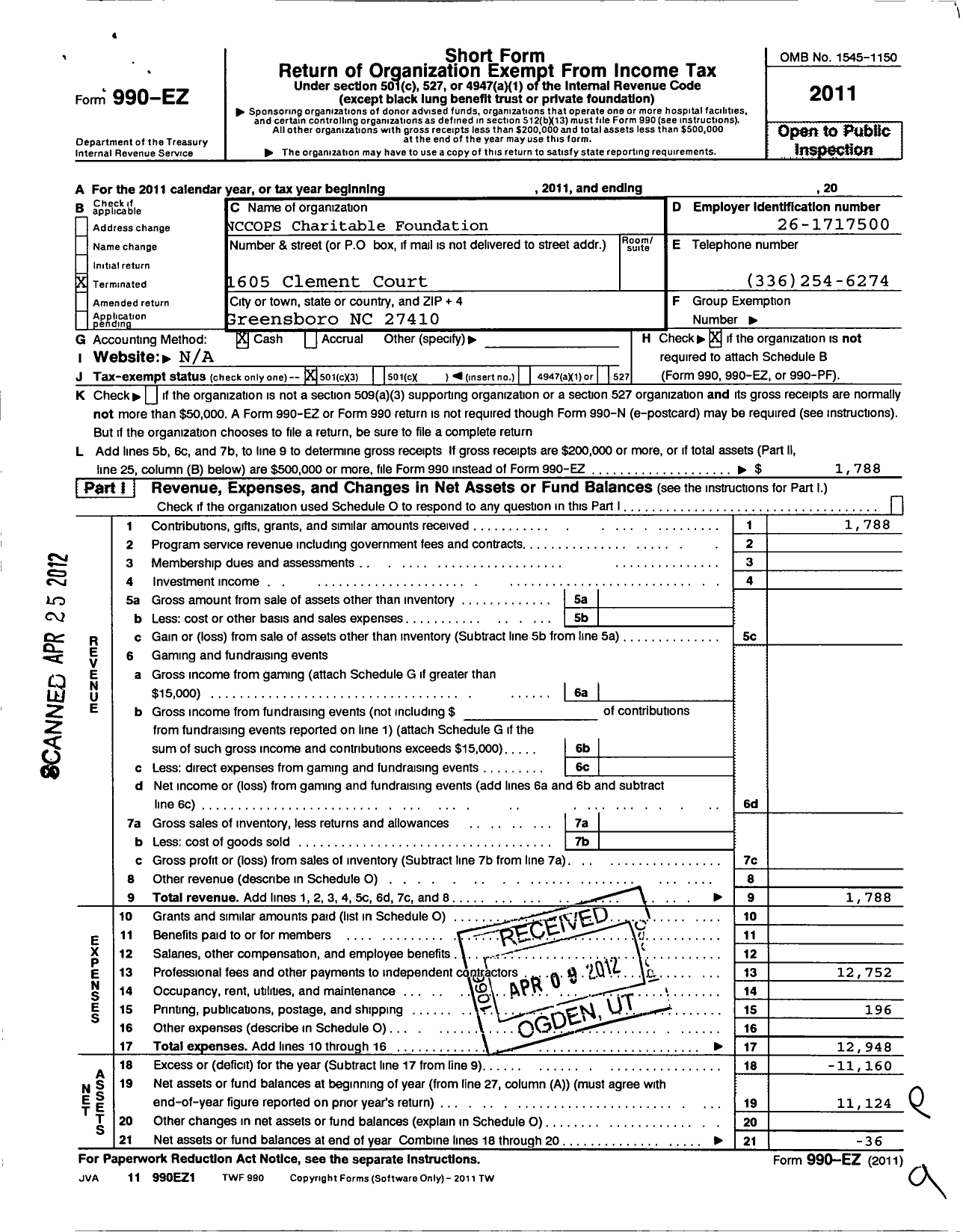 Image of first page of 2011 Form 990EZ for Nccops Charitable Foundation