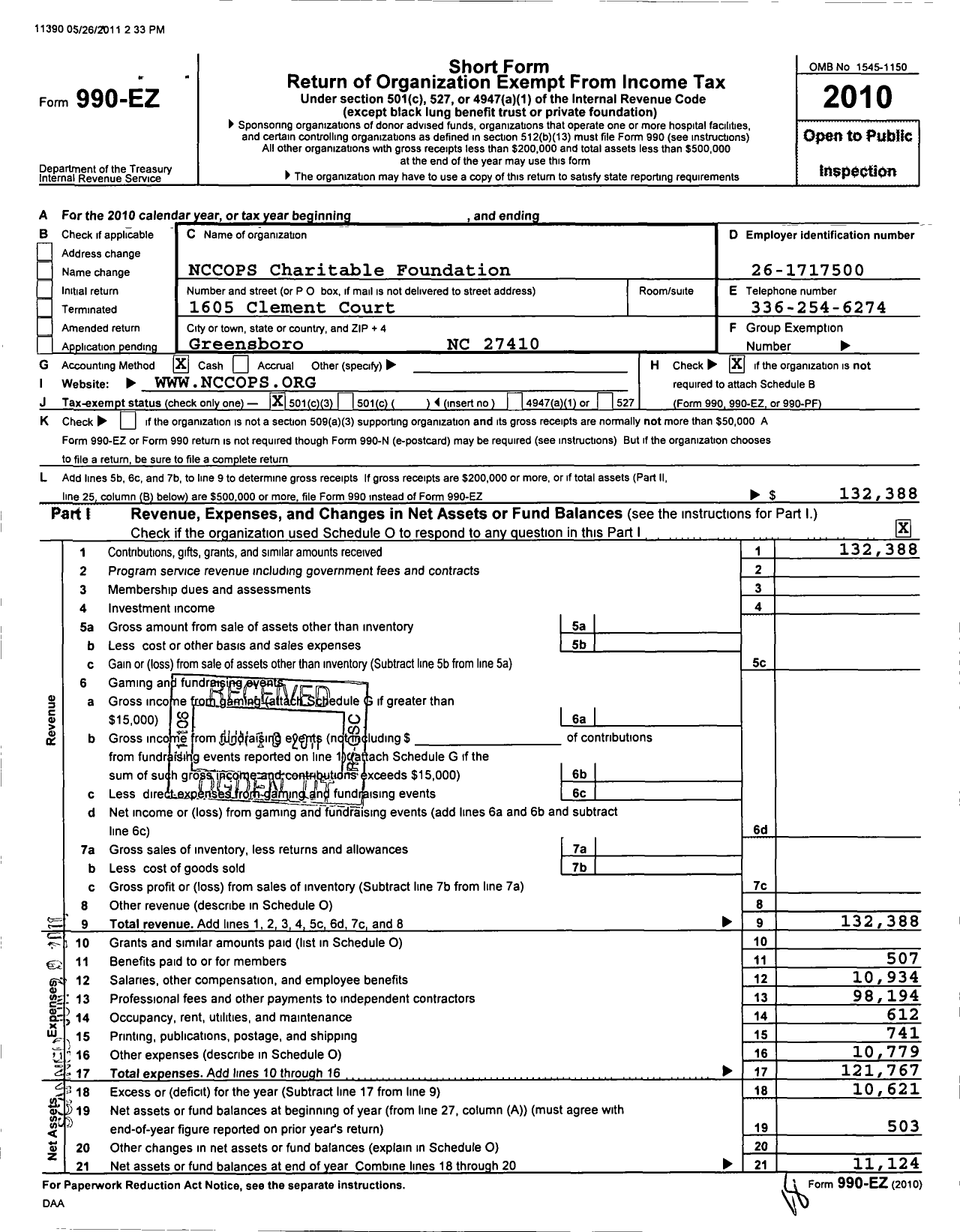 Image of first page of 2010 Form 990EZ for Nccops Charitable Foundation