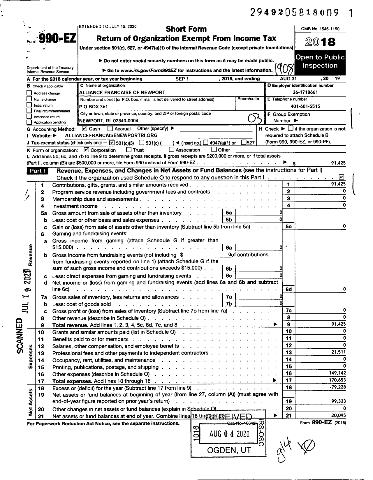 Image of first page of 2018 Form 990EZ for Alliance Francaise of Newport