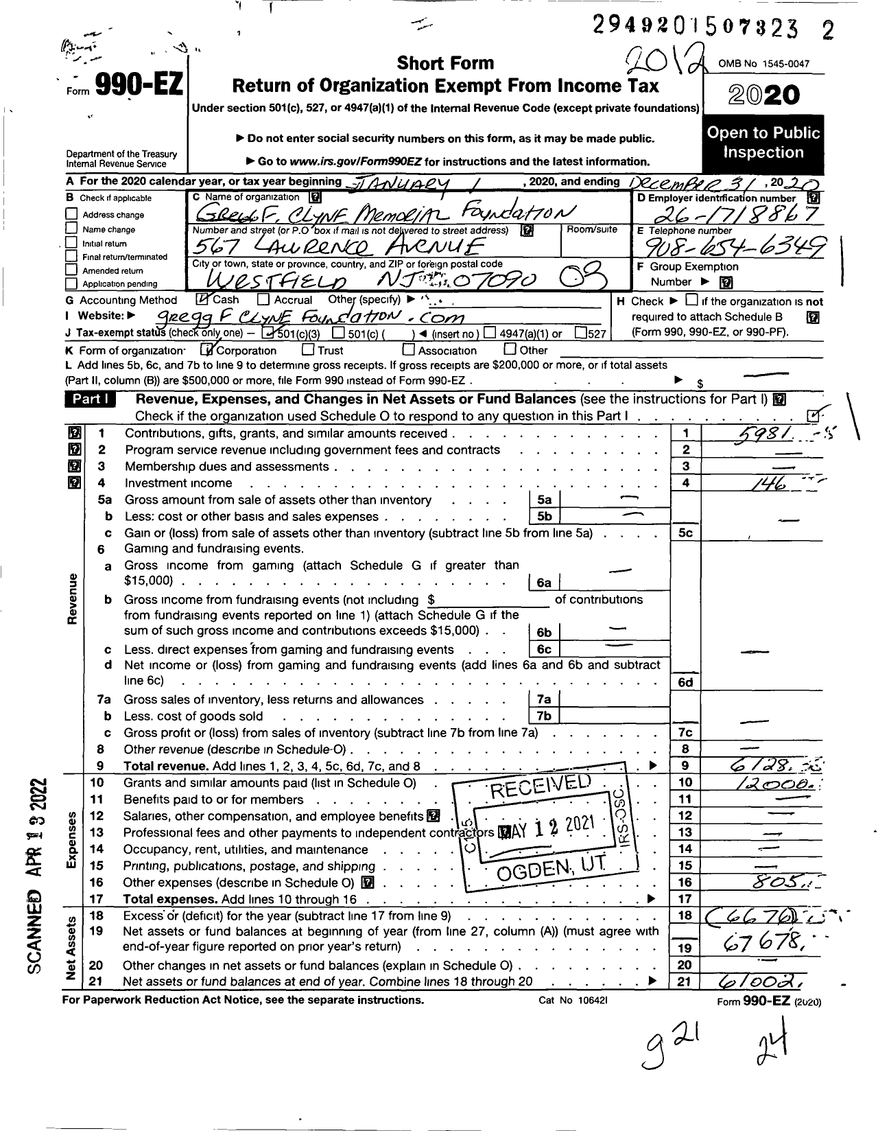 Image of first page of 2020 Form 990EZ for Gregg F Clyne Memorial Foundation