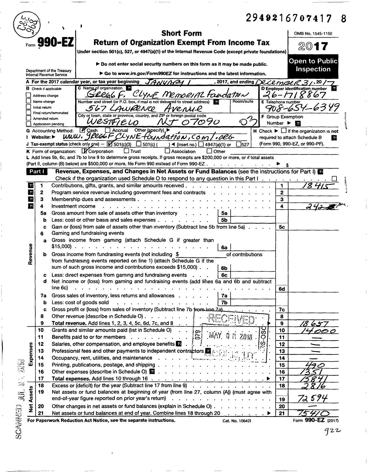 Image of first page of 2017 Form 990EZ for Gregg F Clyne Memorial Foundation