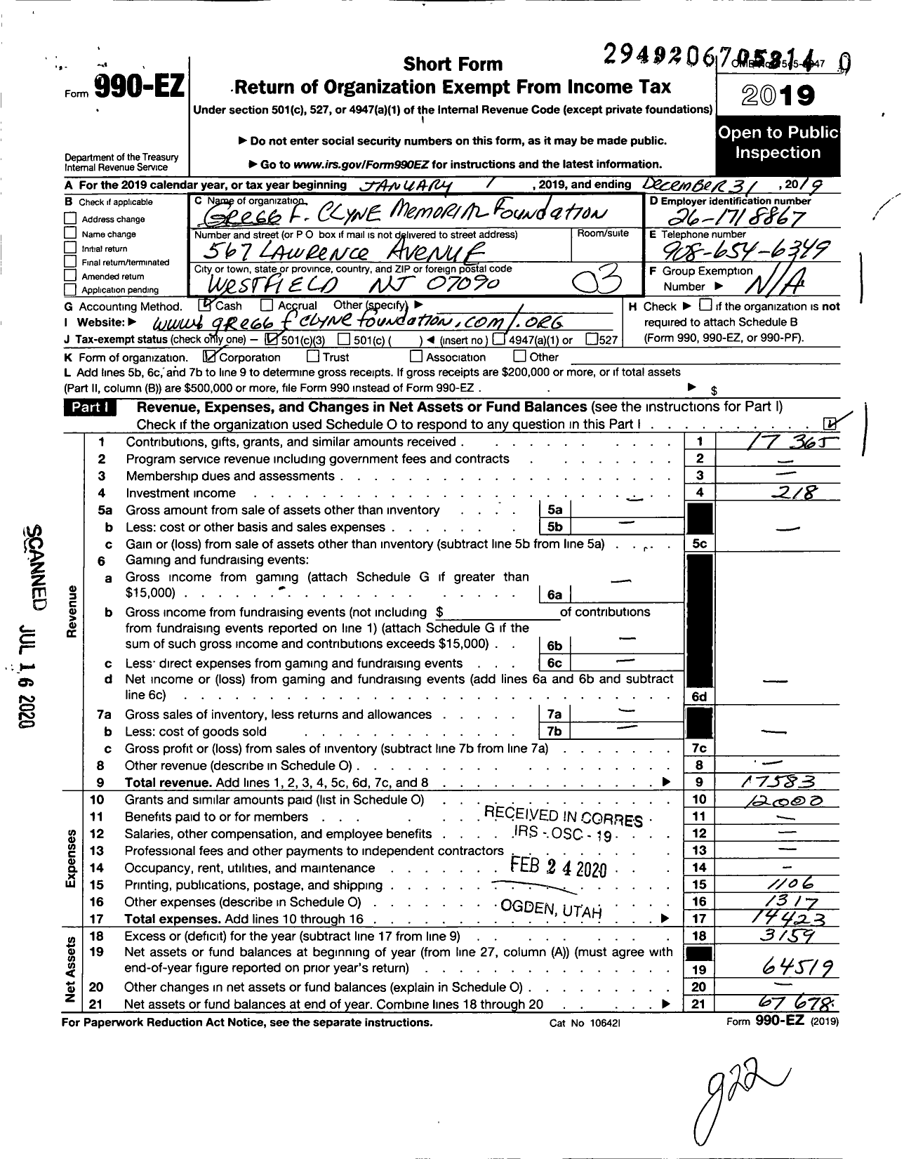 Image of first page of 2019 Form 990EZ for Gregg F Clyne Memorial Foundation