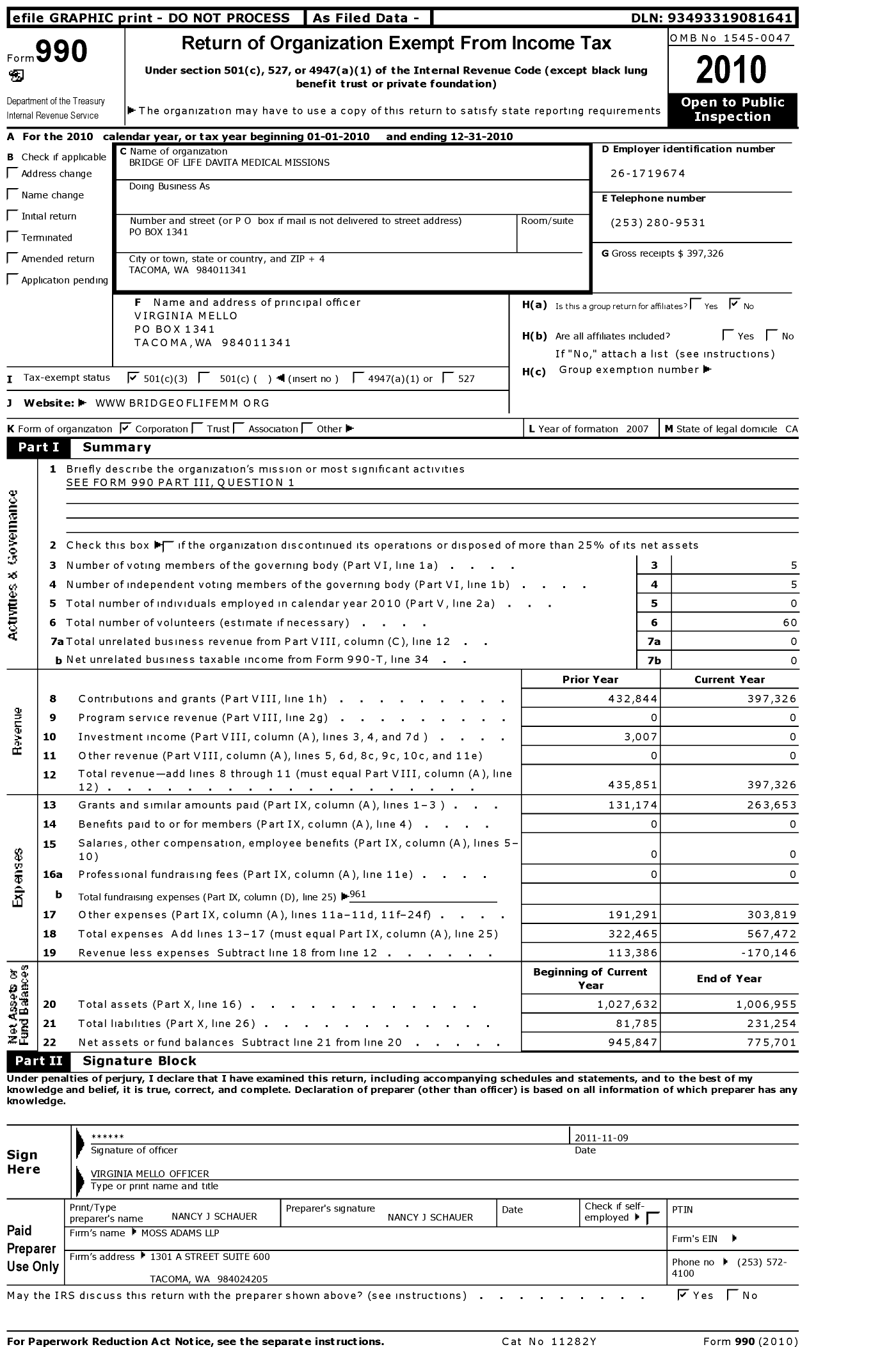 Image of first page of 2010 Form 990 for Bridge of Life Davita Medical Missions