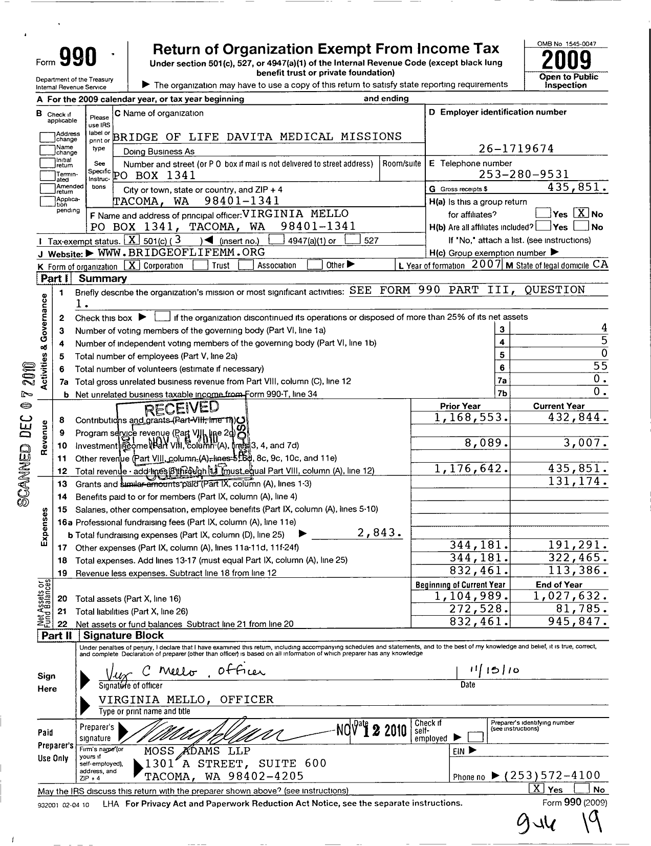 Image of first page of 2009 Form 990 for Bridge of Life Davita Medical Missions