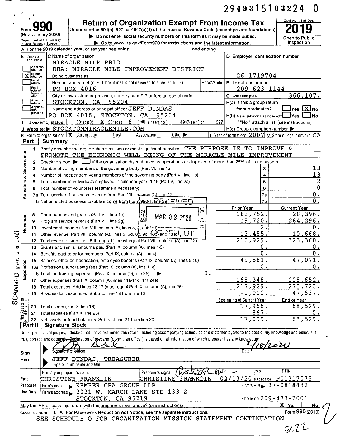 Image of first page of 2019 Form 990O for Miracle Mile Improvement District