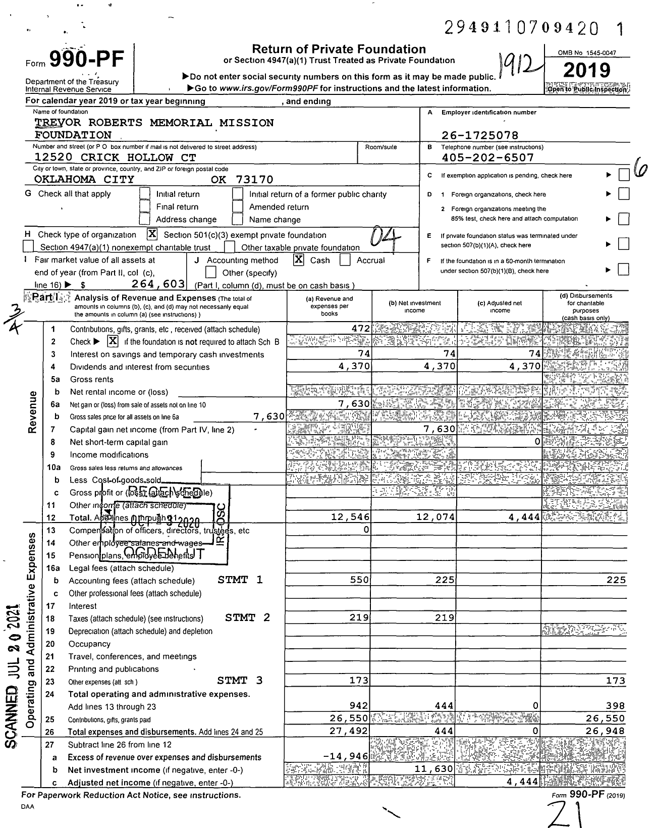 Image of first page of 2019 Form 990PF for Trevor Roberts Memorial Mission Foundation