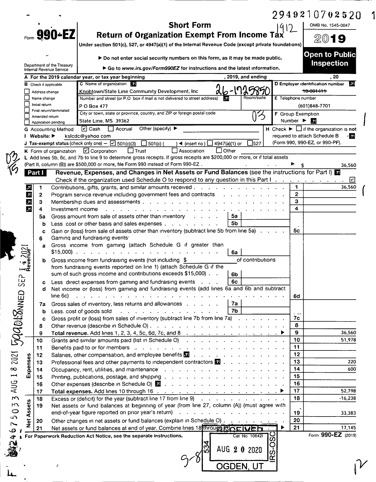 Image of first page of 2019 Form 990EZ for Knobtown State Line Community