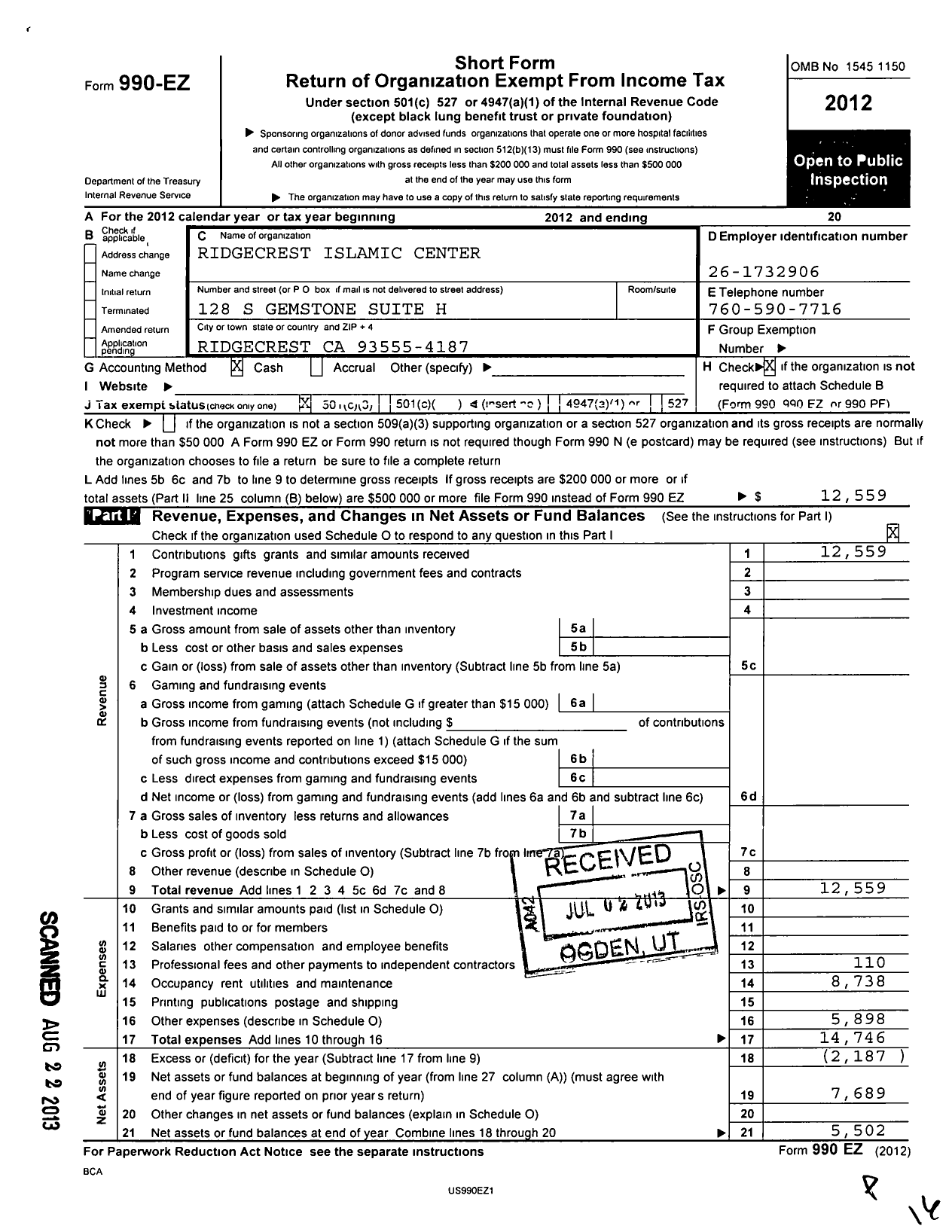 Image of first page of 2012 Form 990EZ for Ridgecrest Islamic Center