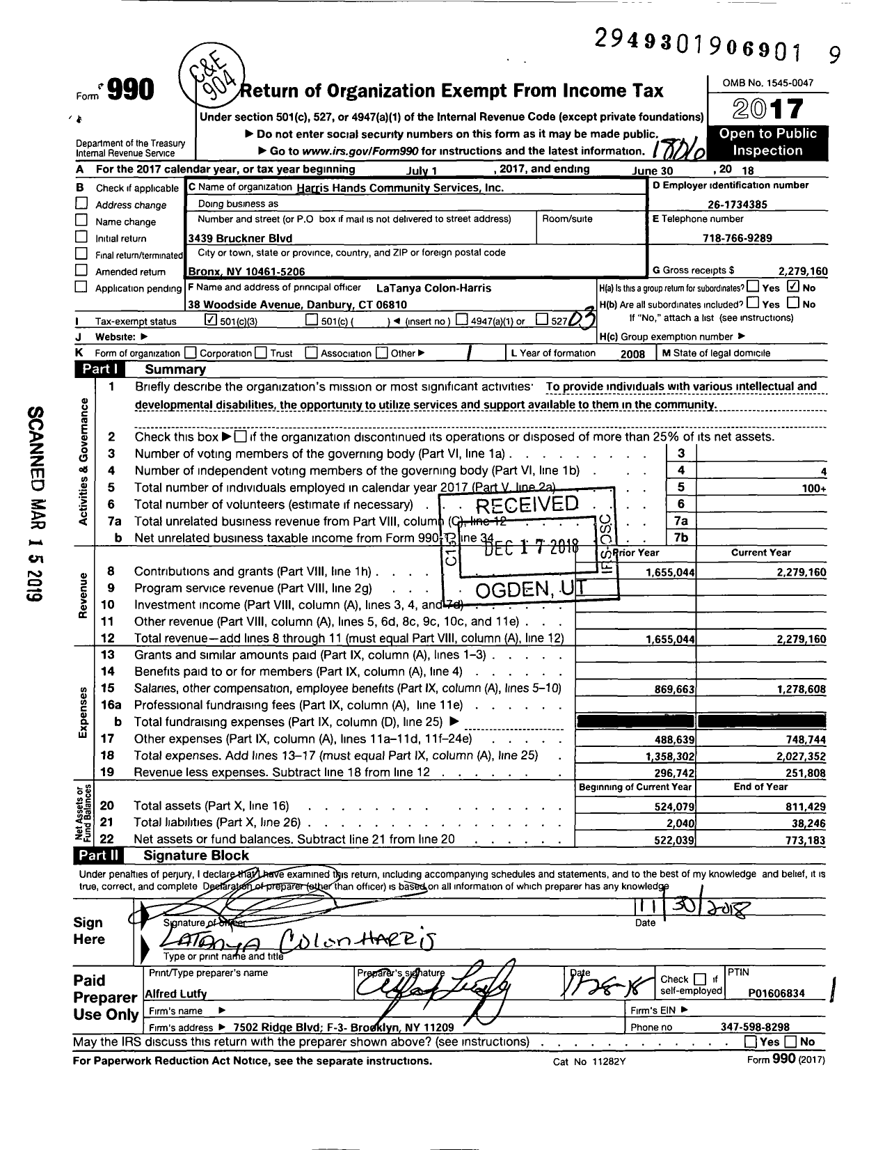 Image of first page of 2017 Form 990 for Harris Hands Community Services
