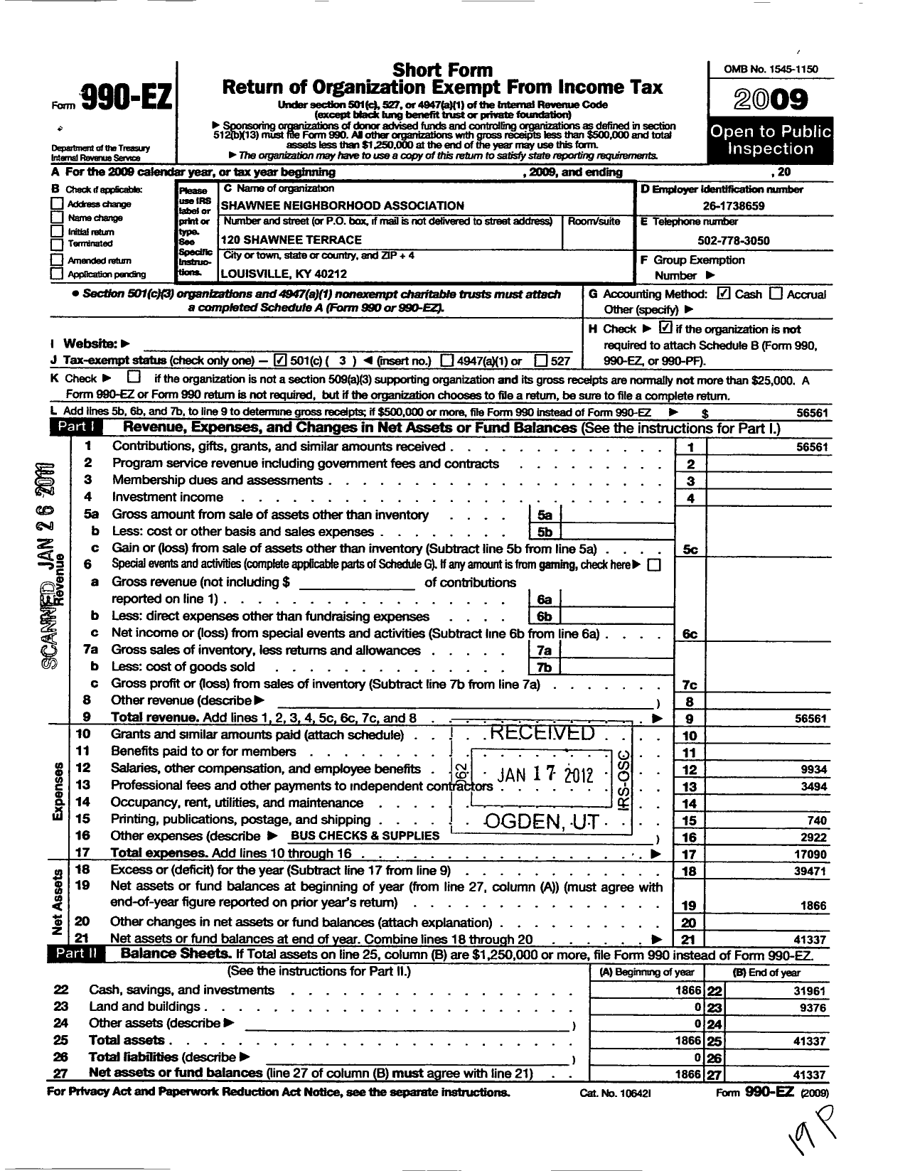 Image of first page of 2009 Form 990EZ for Shawnee Neighborhood Association