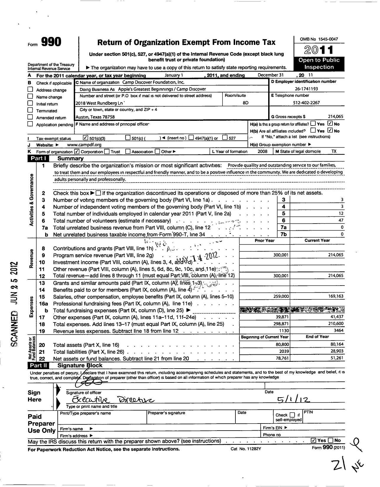 Image of first page of 2011 Form 990 for Camp Discover Foundation