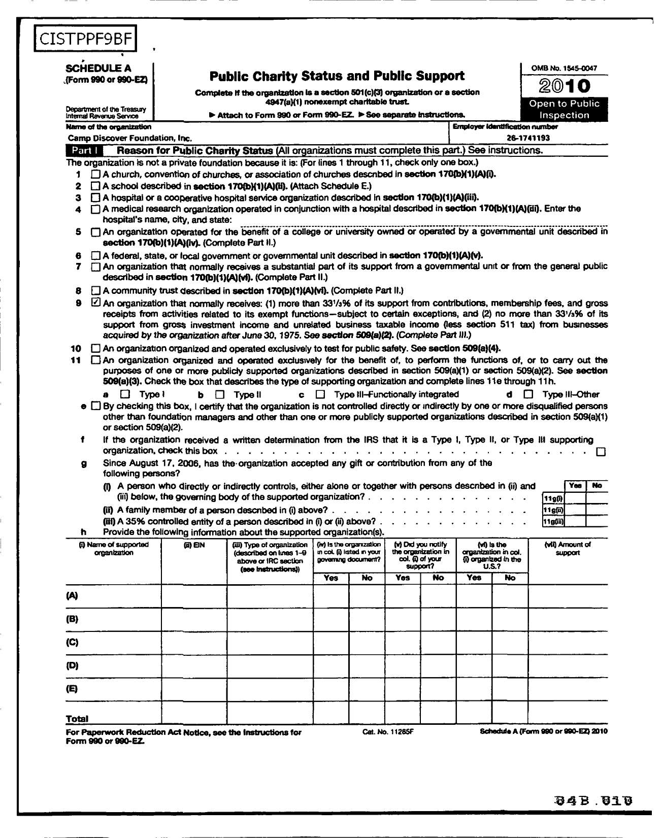 Image of first page of 2010 Form 990R for Camp Discover Foundation