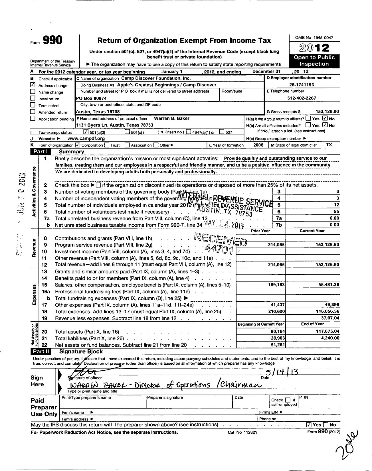 Image of first page of 2012 Form 990 for Camp Discover Foundation