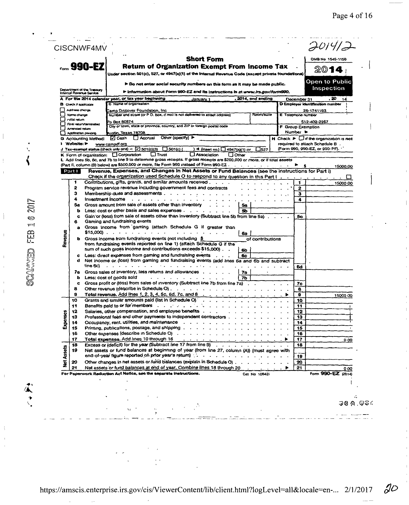 Image of first page of 2014 Form 990EZ for Camp Discover Foundation